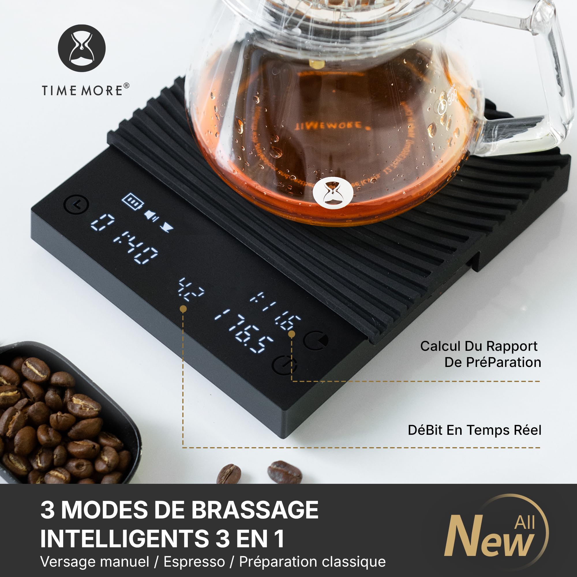 TIMEMORE Black Mirror Basic 3 Balance à café Pour-Over & Espresso, Minuterie, Haute précision 0,1g jusqu'à 2kg, 3 modes & fonction débit et ratio café/eau, Batterie 1600mAh, USB-C, Noir