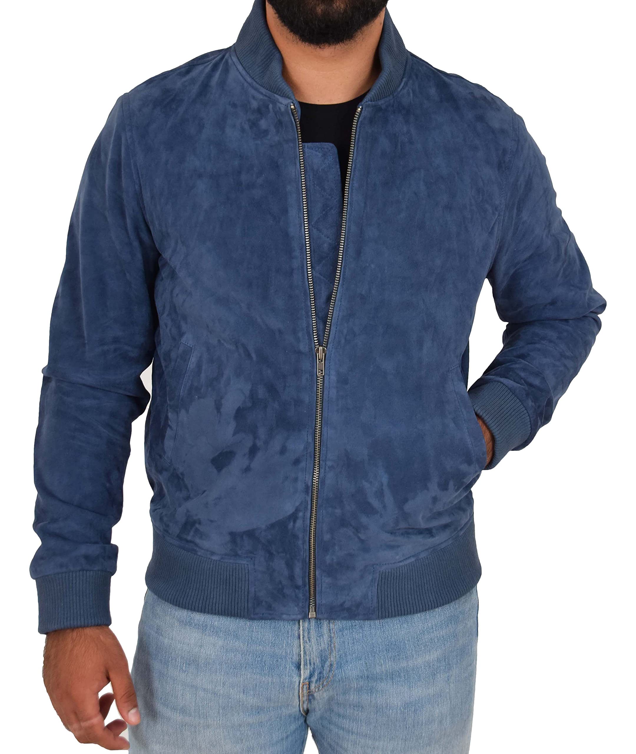 A1 FASHION GOODSMens Bomber Jacket Fine Goat Suede Slim Fit Black Blue Brown Burgundy Olive Tan Walter