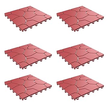 Pure Garden Polypropylene Patio and Deck Tiles Interlocking Look Outdoor Flooring Pavers Weather Resistant and Anti-slip Square DIY Mat (Brick Red), 6 Pack
