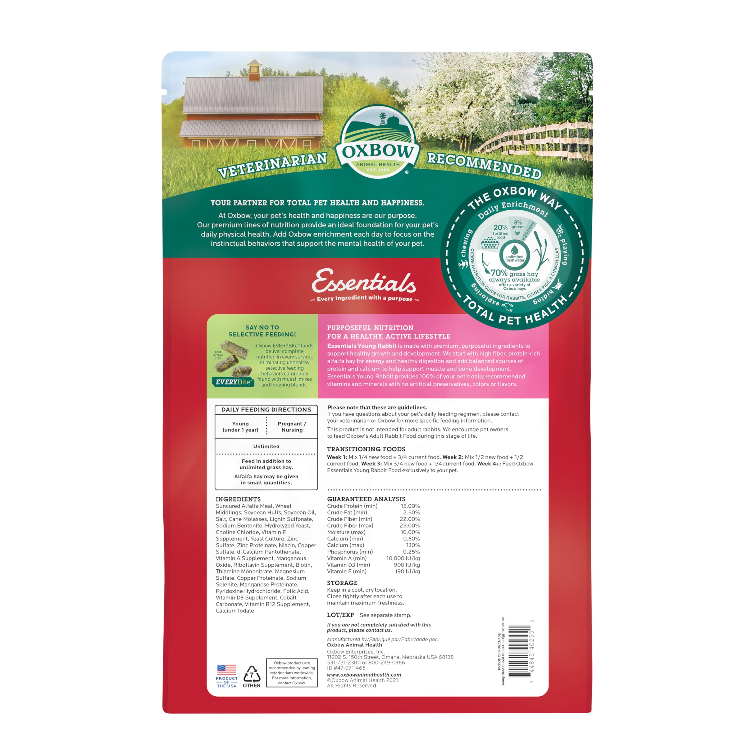 Oxbow Essentials Rabbit Food, Young Rabbit, Made with Oxbow Timothy, Pet Food Pellets for Bunnies, Small Animal Pet Products, Made in USA, High Fiber Bunny Supplies, 10 lb. bag