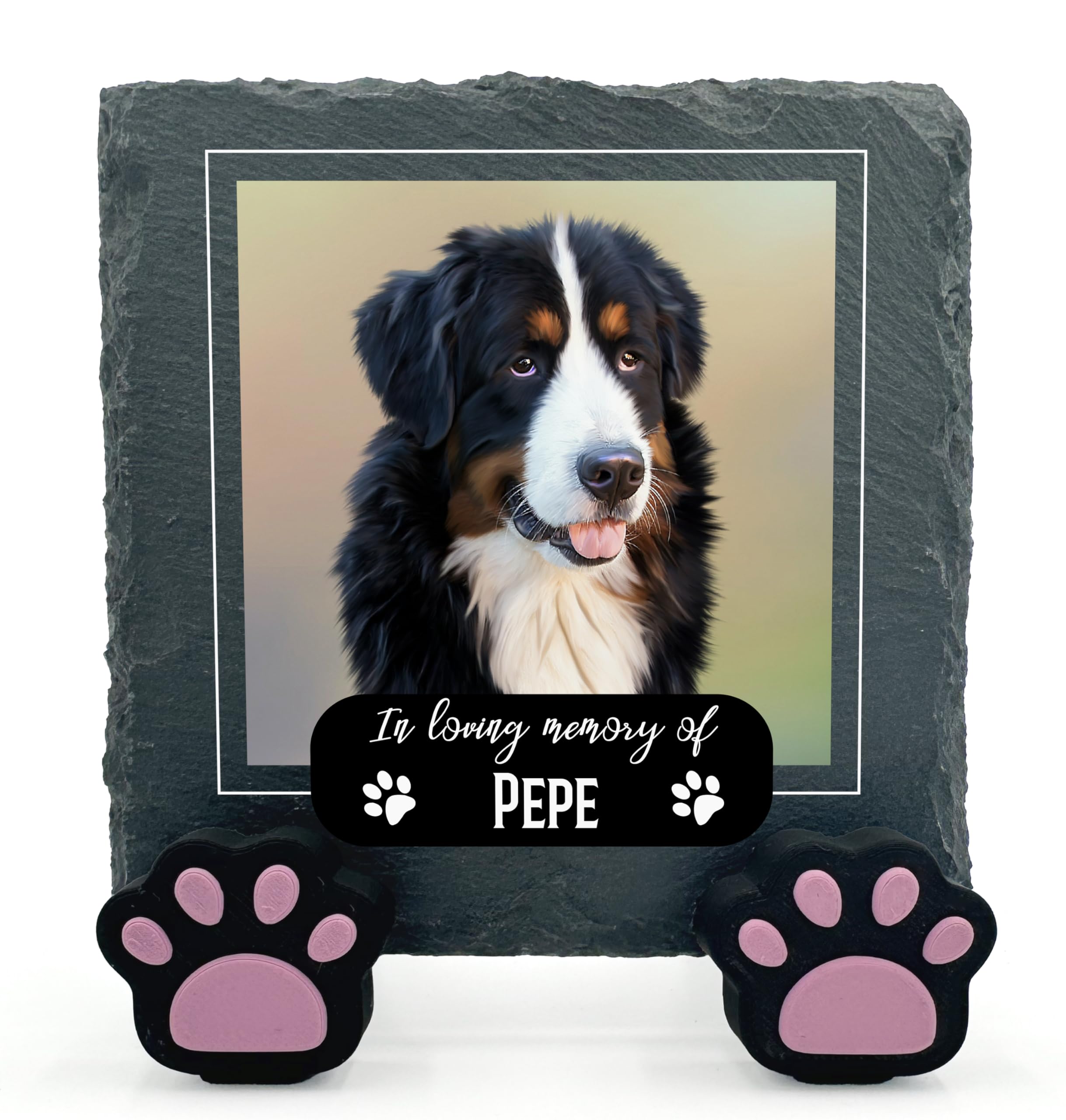 TULLUN Personalised Individual Square Memorial Small Plaque with Paw Stand For Pet Cat Dog Slate Stone Frame Grave Marker - Size 3.94" x 3.94" or 100 x 100 mm - Image Frame