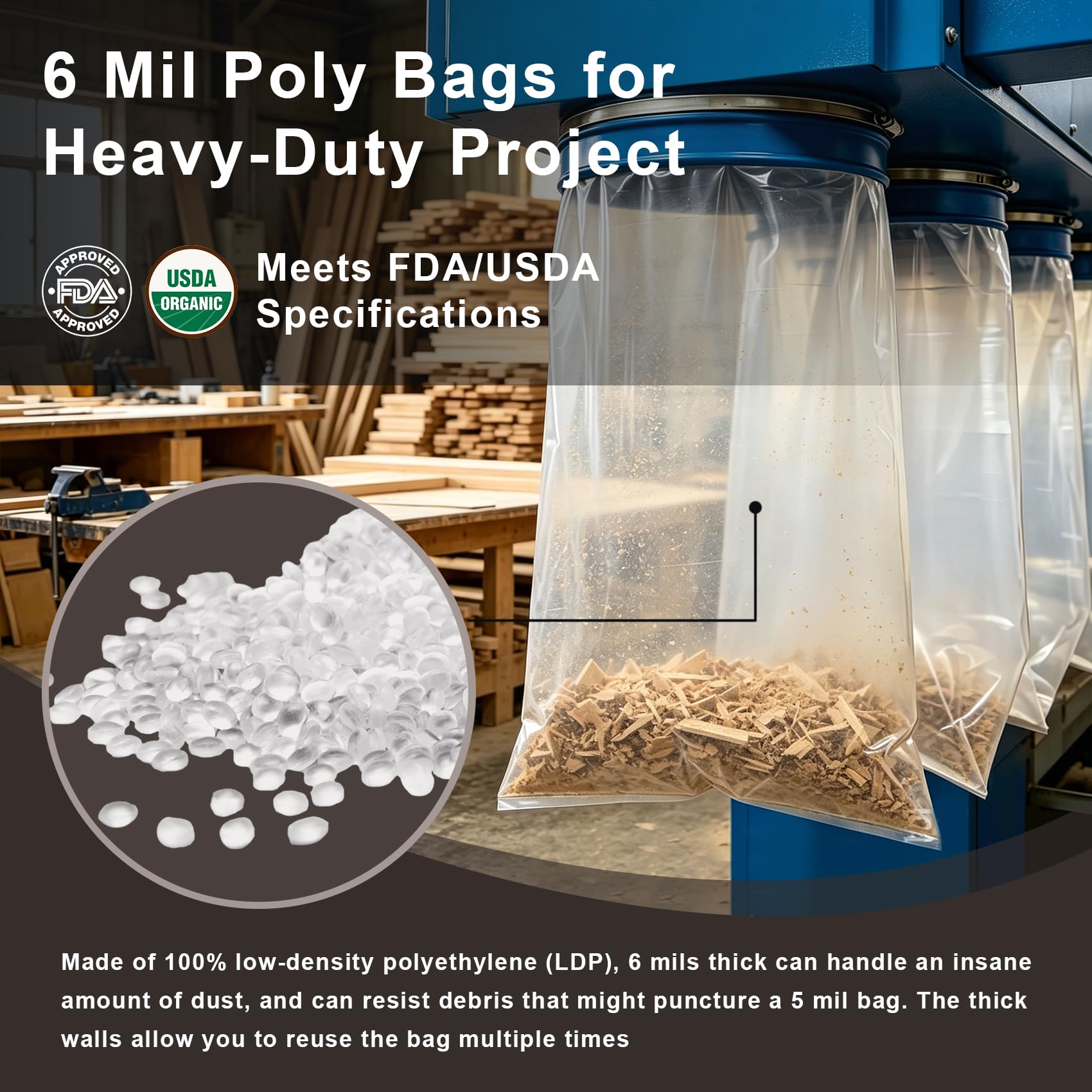 Bolsas colectoras de polvo de plástico transparente de 6 mil, 38 x 72 pulgadas, 45 unidades, resistentes al desgarro, bolsas de recogida inferiores de gran capacidad para sistemas de recogida