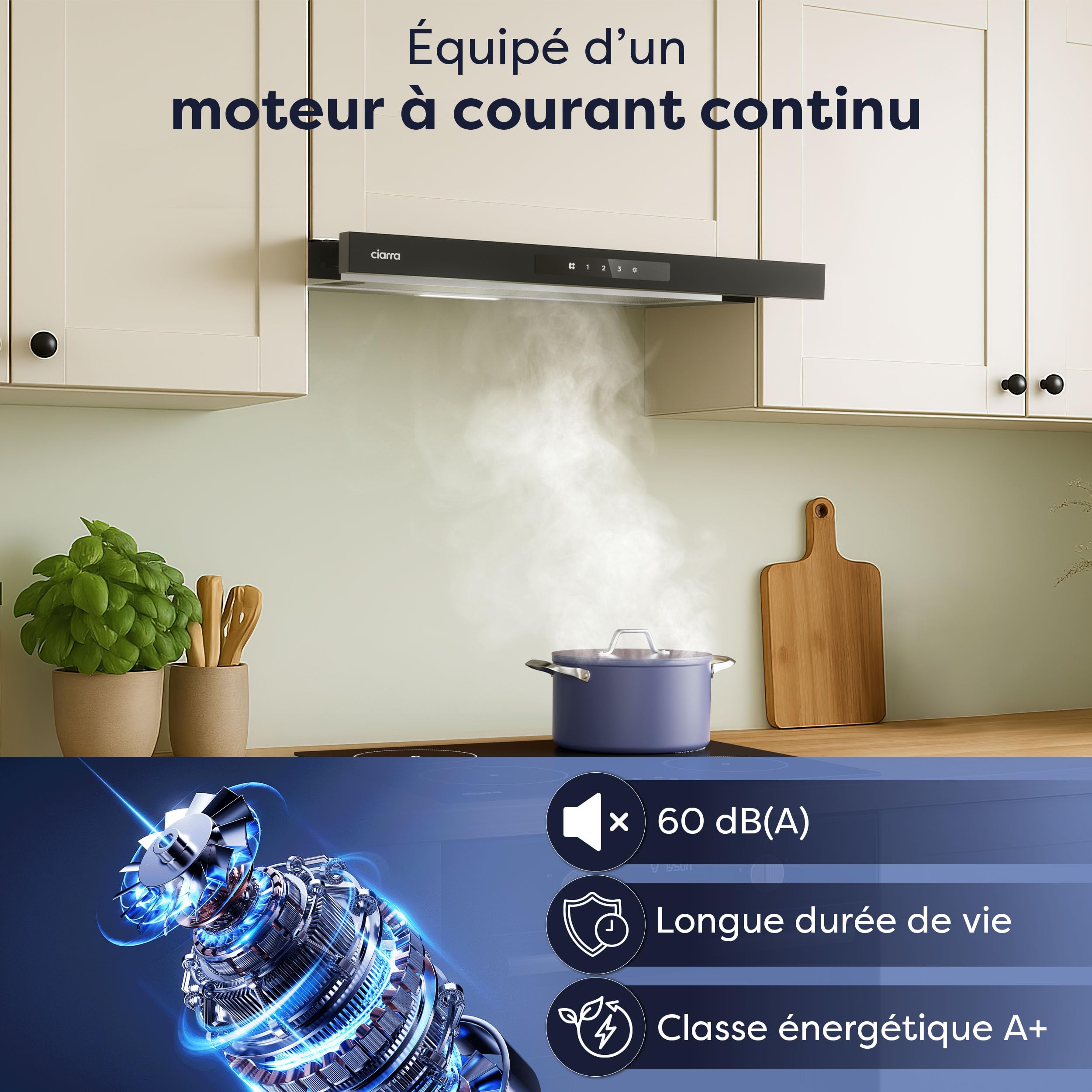 CIARRA CBCB6909A Classe A+ Hotte Télescopique Encastrable 60 cm 606 m³/h