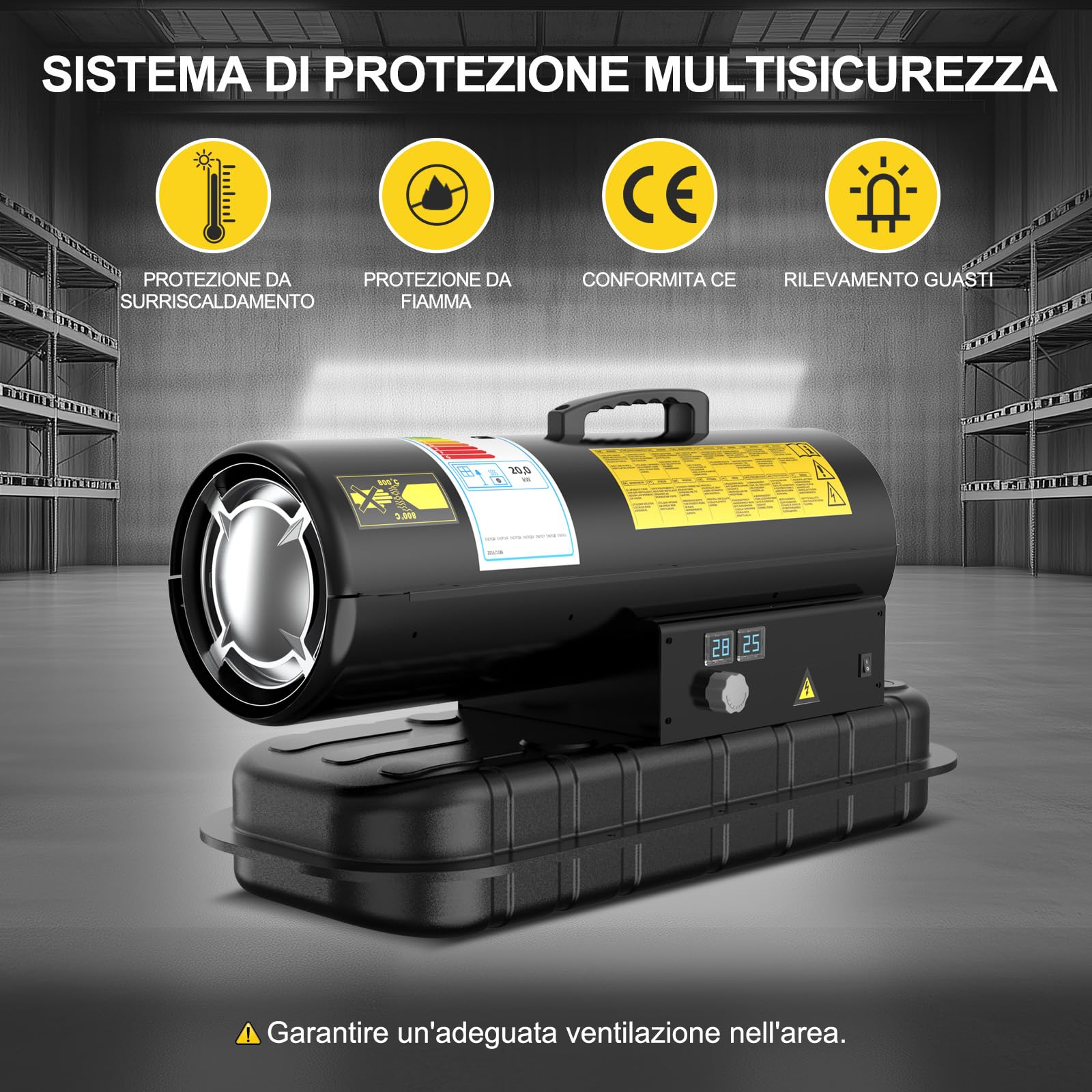 Riscaldatore Diesel 20 kW - Termoventilatore Industriale | Portata 550 m³/h - Termostato Regolabile & Indicatore Livello Gasolio - Per Officine, Cantieri, Uso Agricolo
