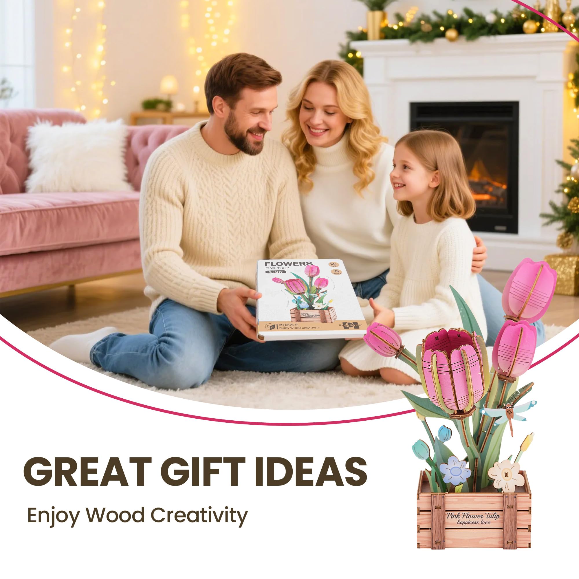 Set di Puzzle 3D, Fiore Fai-da-Te in Legno, Set di Modelli per Fiori Artificiali da Assemblare per Adulti, Miglior Set di Decorazioni per la Casa e Giocattolo Regalo di San Valentino (Tulip)