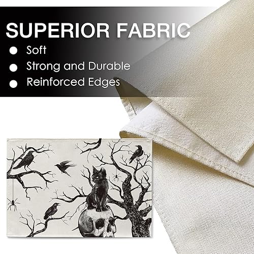 Miniatura 3 de Seliem Halloween Skull Black Cat Placemats Set of 4, Gothic Crow Tree Branch Spider Scary Dining Table Place Mats, Holiday Kitchen Decor Goth Themed