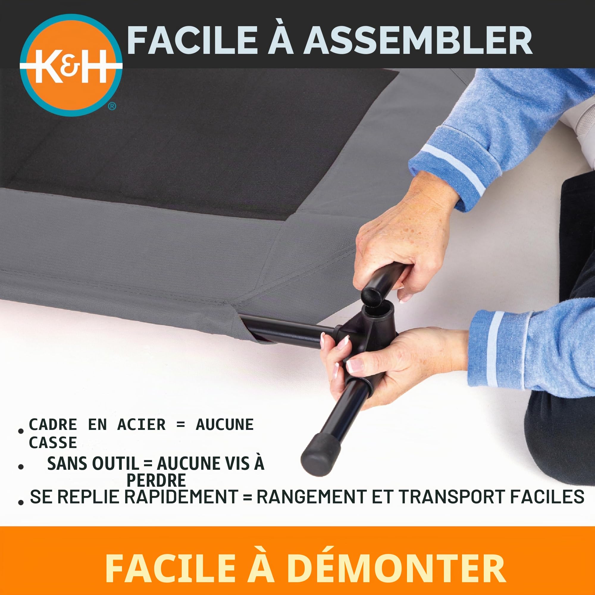 K&H Pet Products Lit surélevé, rafraîchissant pour Chiens, avec Maille Respirante Lavable, Pieds en Caoutchouc antidérapant, lit Portable pour intérieur et extérieur, Maille Gris/Noir, Taille XL