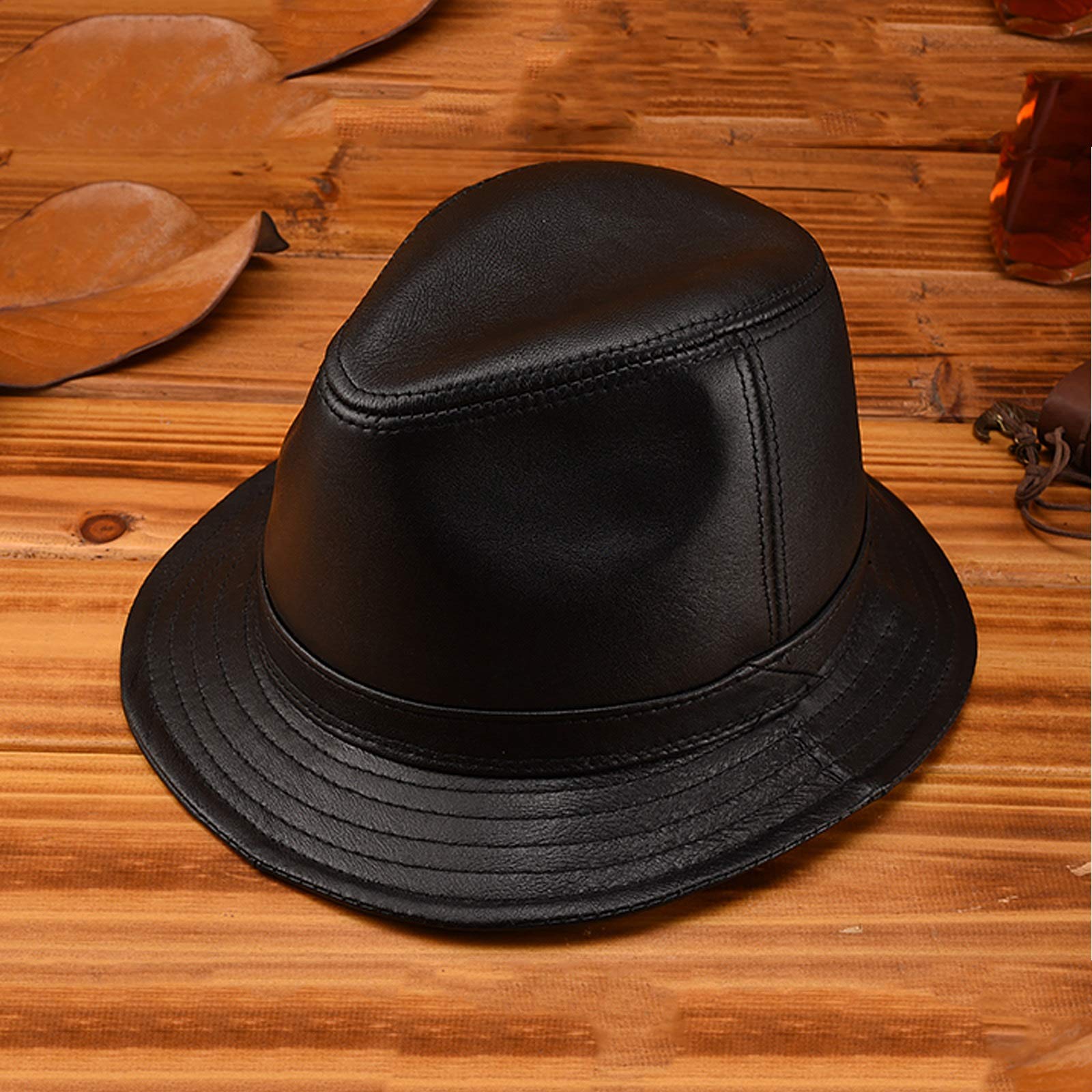 G&F Męski skórzany kapelusz Fedoras Panama Krótka krawędź Wieprzowina Pie Czapka Jazz Gentleman (kolor : Czarny, Rozmiar : 56)