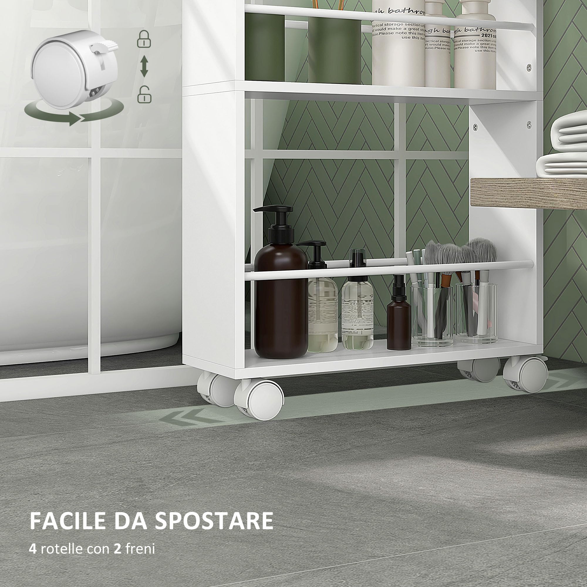HOMCOM Carrello da Cucina Salvaspazio 3 Livelli, Barre Laterali, Bianco | Carrello Portaoggetti da Cucina o Bagno Compatto, 4 Ruote e 2 Freni, Scaffale Stretto in Legno e Acciaio