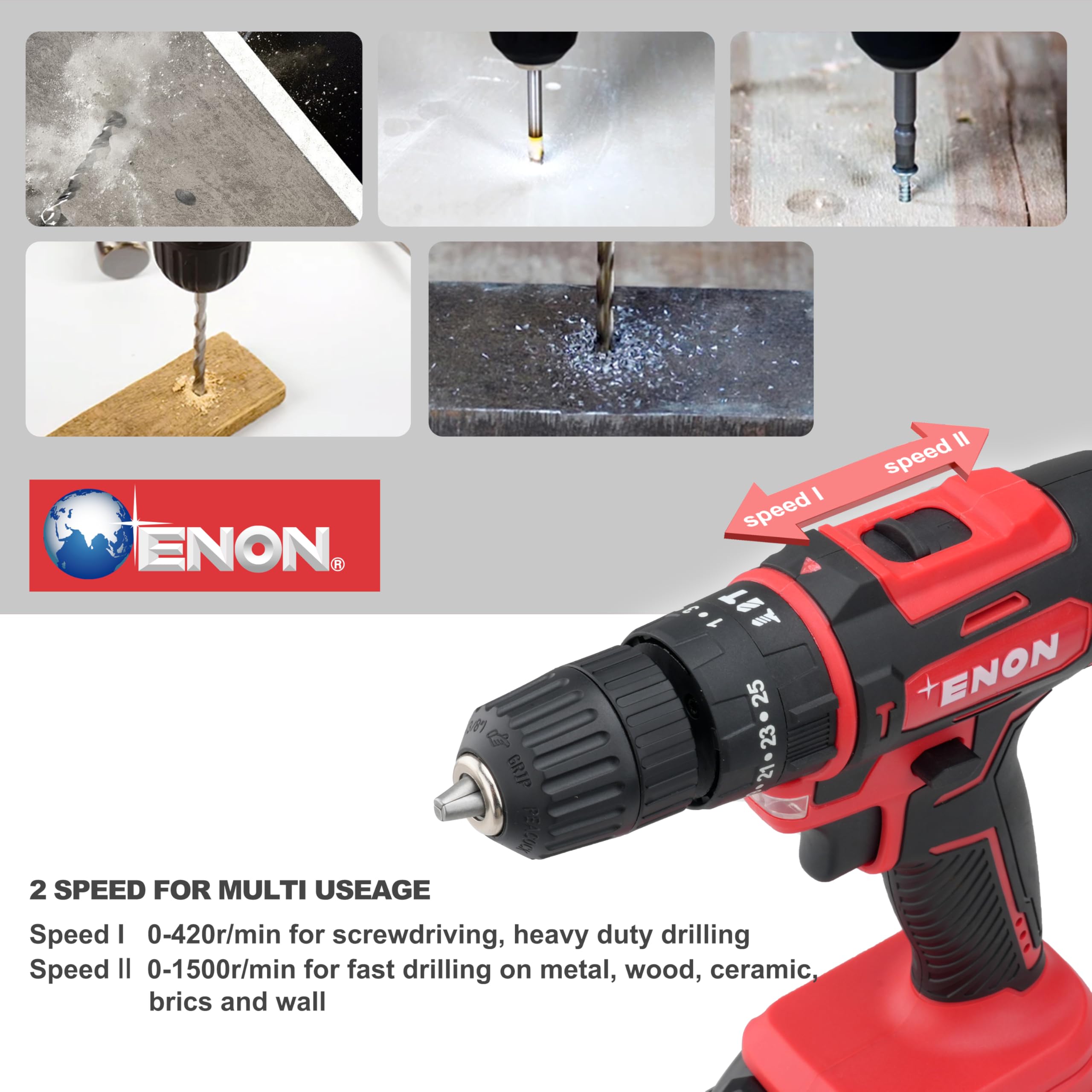 Enon Cordless Impact Drill/Driver for Home Use, 20V, 1500RPM, 22NM Torque, Keyless Chuck 10mm, 25 Level Torque, 2 Speed Modes, 3 Setting Modes, 2 x 1500mAh Batteries, 6 Months Warranty (XE-CD2010) 1