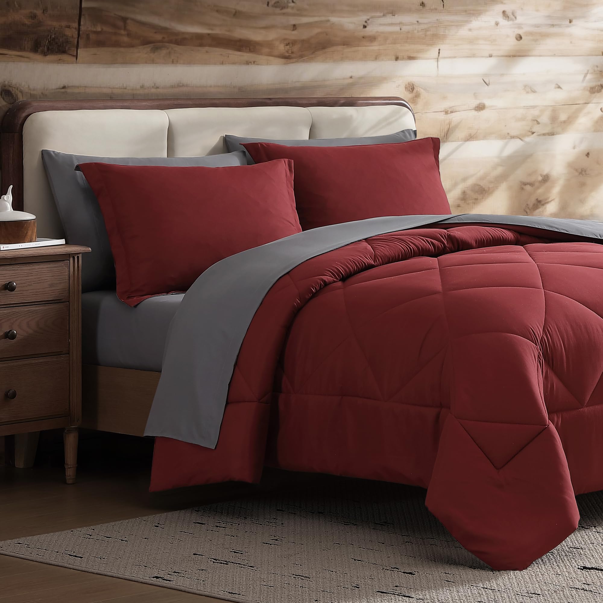 - Twin Comforter Set Reversible Bed-in-a-Bag– Double-Sided Color Options, All-Season Comforter + Shams + Sheets – Perfect for Home, Cabin or Camp Use, Burgundy/Gray