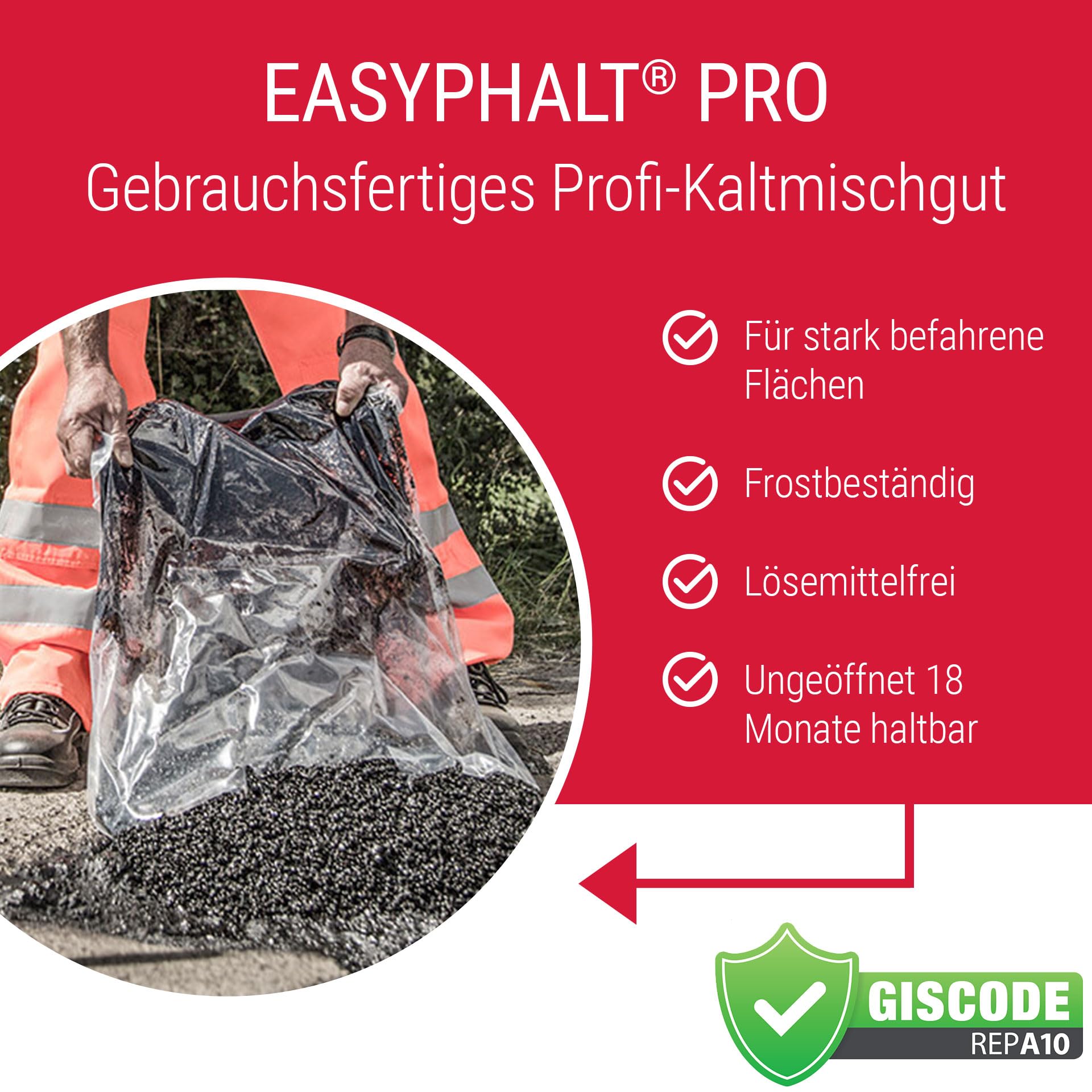 PRO Kaltasphalt 0-4 mm 25 kg im wiederverschließbaren Eimer – Gebrauchsfertiger Reparaturasphalt – Kaltbitumen zur Beseitigung von Rissen & Fahrbahnschäden