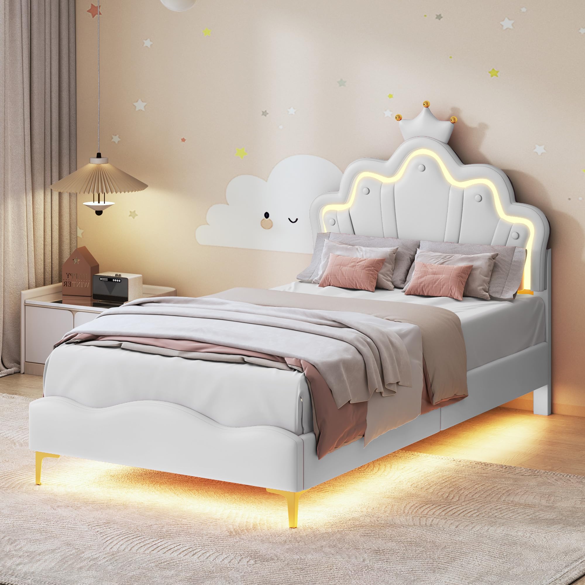 Lettino imbottito per bambini, 90 x 200 cm, con testa a LED e testiera regolabile, a forma di corona, letto singolo, per ragazzi, con rete a doghe (bianco D, 90 x 200 cm)