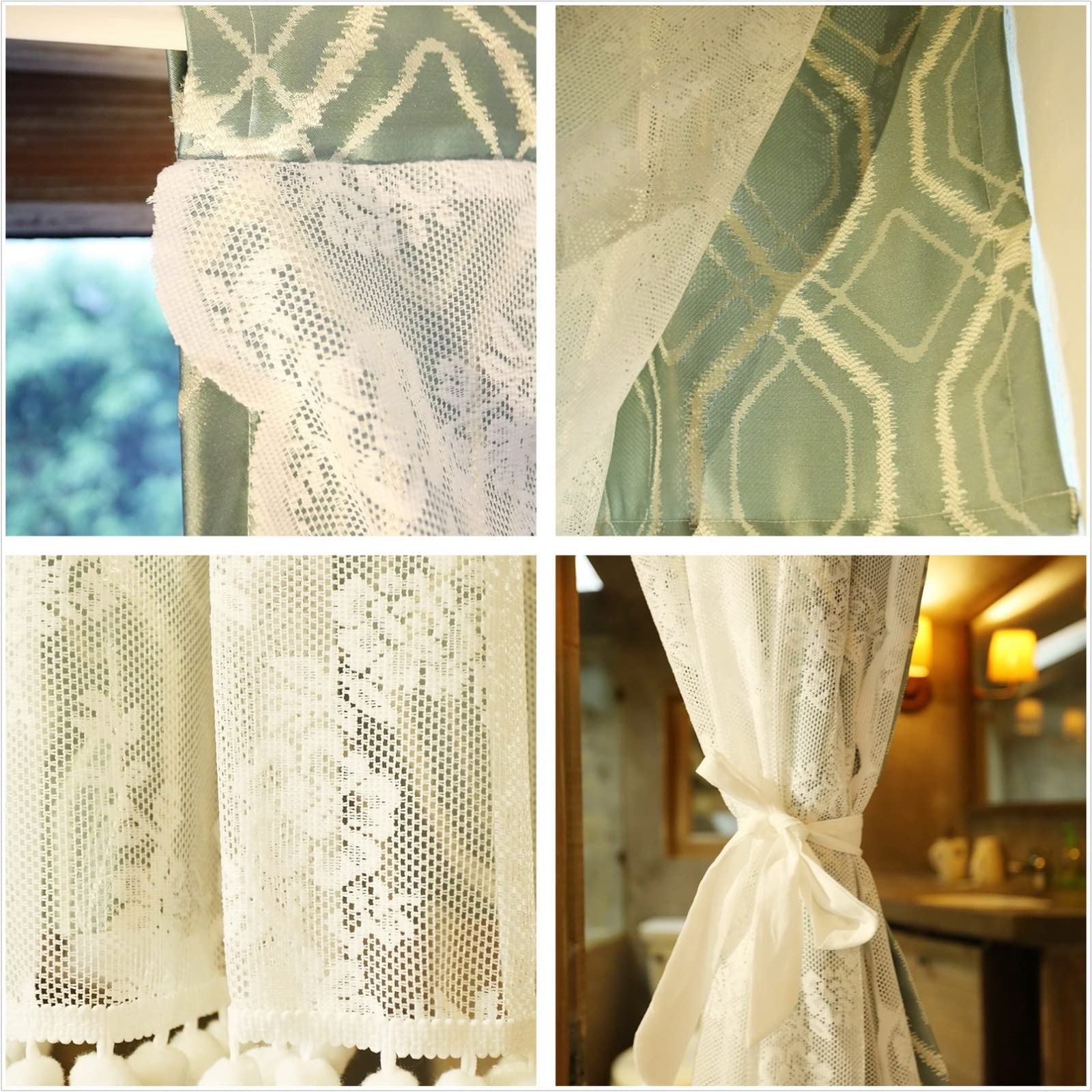 A.Monamour Tenda Corta Piccola 2 Pannelli Oscuranti Verdi A Rombi Geometrici Con Pizzo Floreale Bianco Tendina Tenda da Cucina Bistrot Caffè Mezza Tenda Mantovana Tenda a Vetro a Pannello Tenda Porta