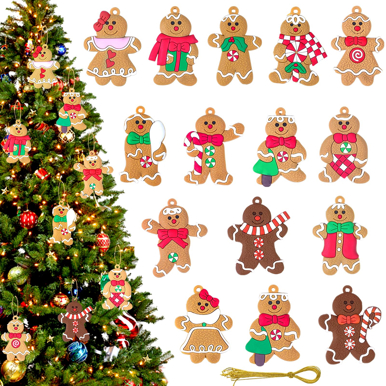 Furuising 15Pcs Christmas Gingerbread Man Ornaments, Cute Gingerbread Christmas Decorations