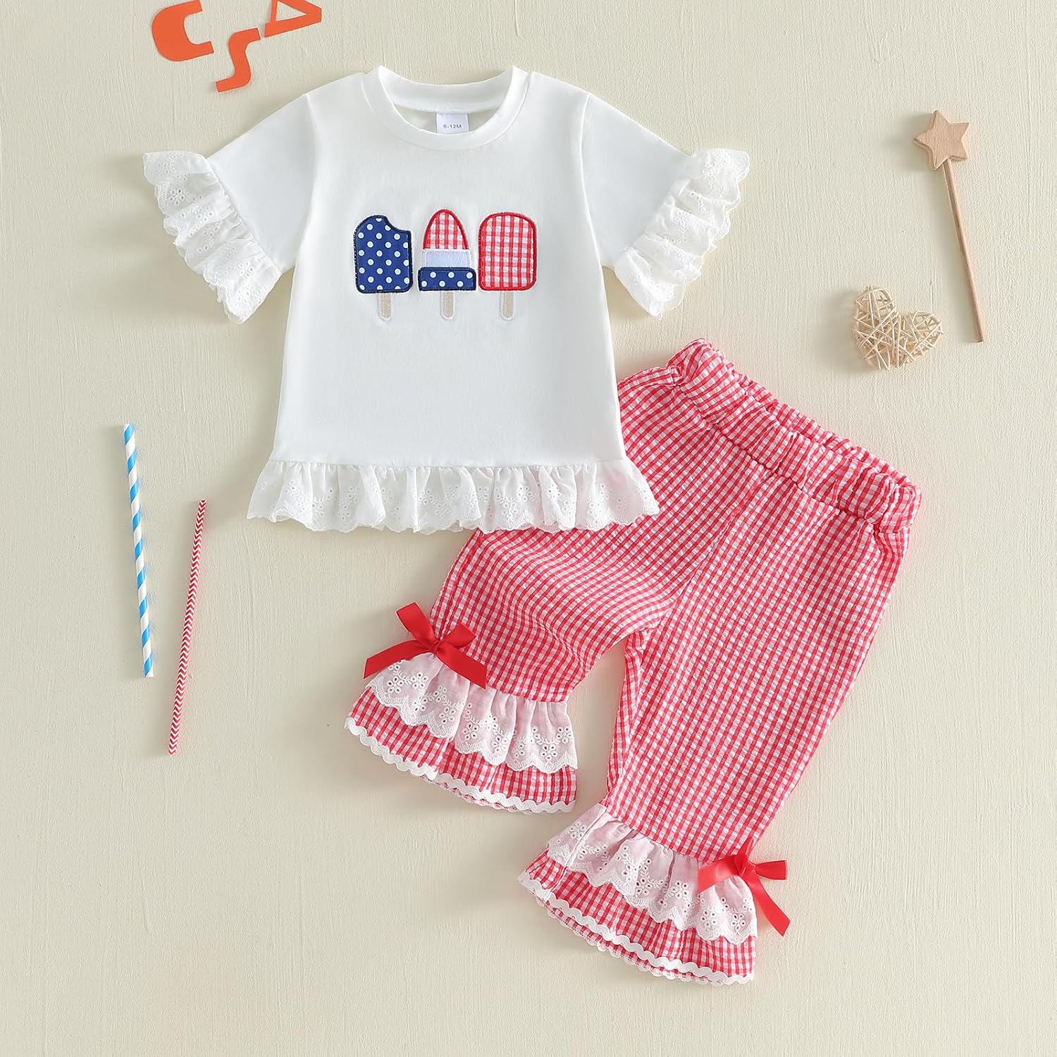 Birthday Baby Girl Outfit Letter Short Sleeve Tops Plaid Bell Bottoms Flared Pants Set Toddler Summer Clothes