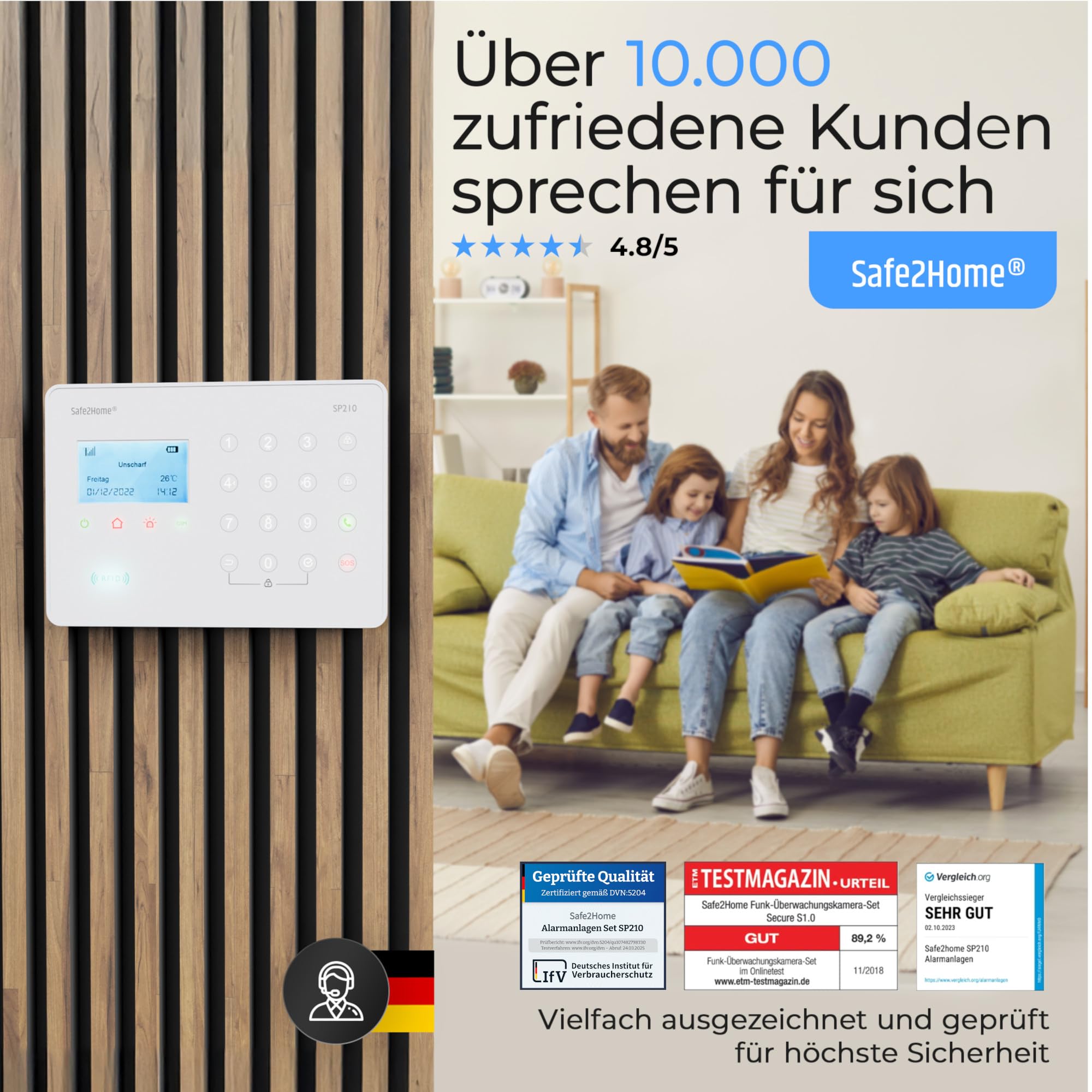 Safe2Home® SP210 WLAN Funk Alarmanlage Set kabellose Smart Home Alarmanlage mit App-Steuerung/SMS Anruf Funktion – inklusive Sensoren und Zubehör