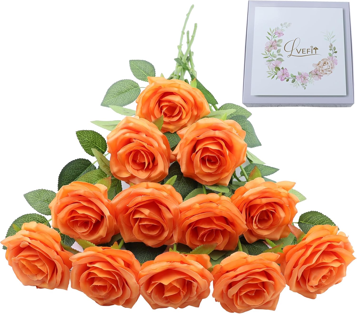 LVEFIT 12pcs Artificial Rose Flower Orange Rose Orange Flower with Long Stem Silk Roses Bouquet for Wedding Bridal Shower Party Home Decoration