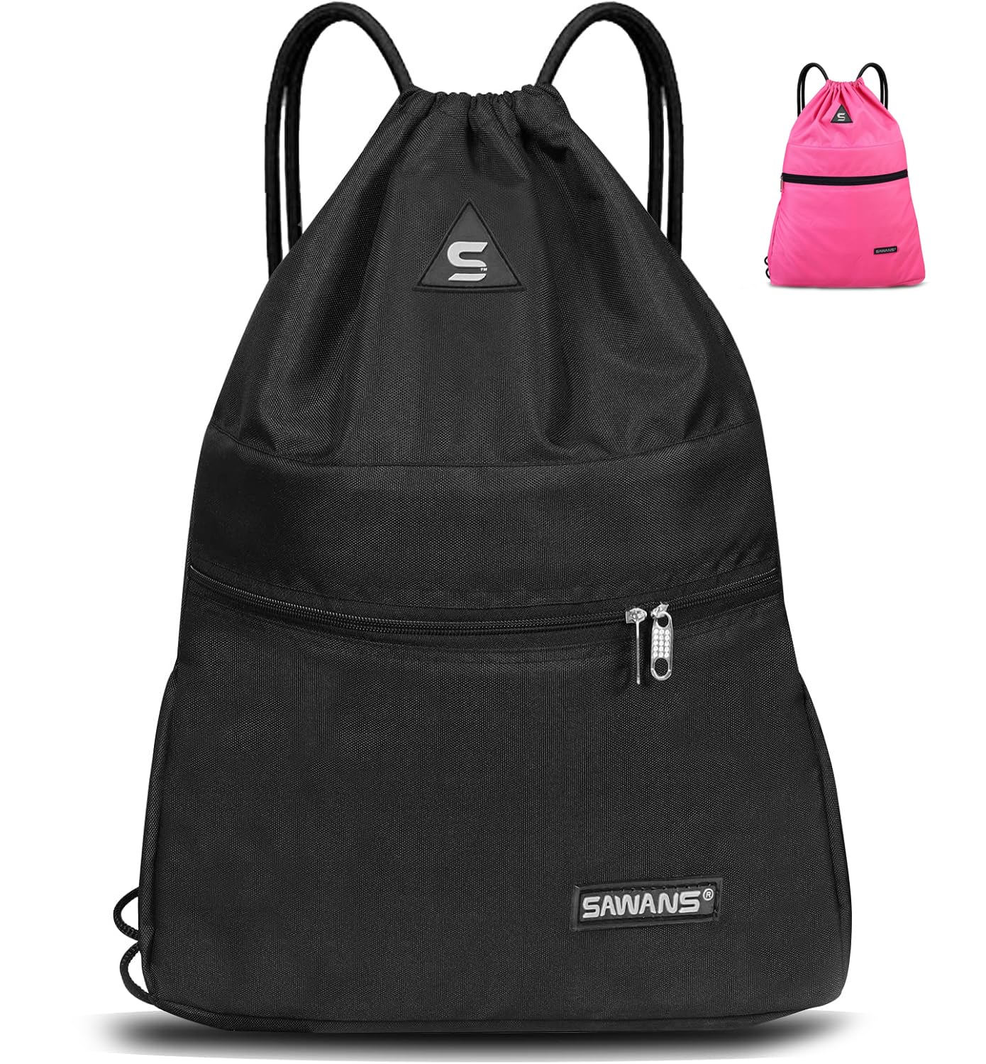 SAWANS Bolsa deportiva de gimnasio con cordón, bolsa impermeable con bolsillo para mujeres y hombres, kit de viaje para senderismo, escuela, estudiantes, bolsa de polietileno al aire libre (Negra)