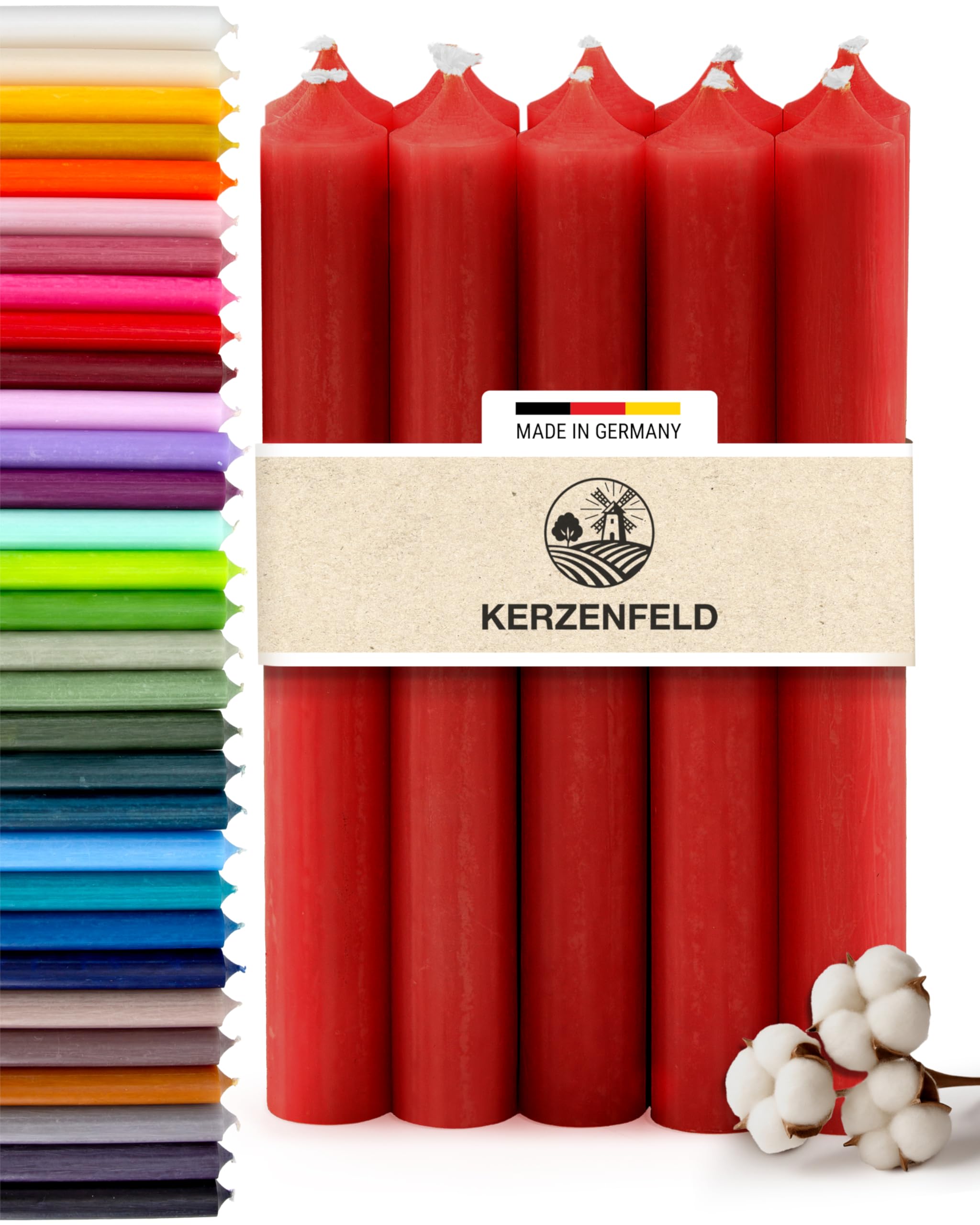 Stabkerzen Rot, 10 Stück, 180mm x 22mm, Durchgefärbte Spitzkerzen, 8+ Stunden Brenndauer, Made in Germany - Ohne Tropfen & Rußen - Unparfümierte und RAL-Zertifizierte Tafelkerzen