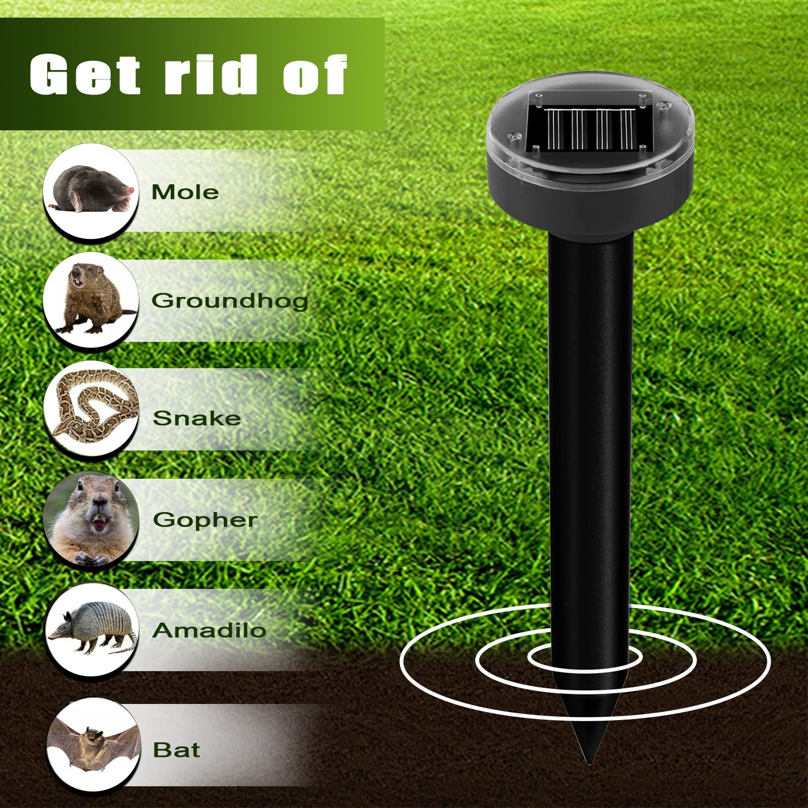 Repellente per talpe, ad energia solare, confezione da 10 pezzi, a ultrasuoni, repellente per marmotta, deterrente per talpe, serpenti, talpe, arvicole, per esterni, per prato, giardino e cortile