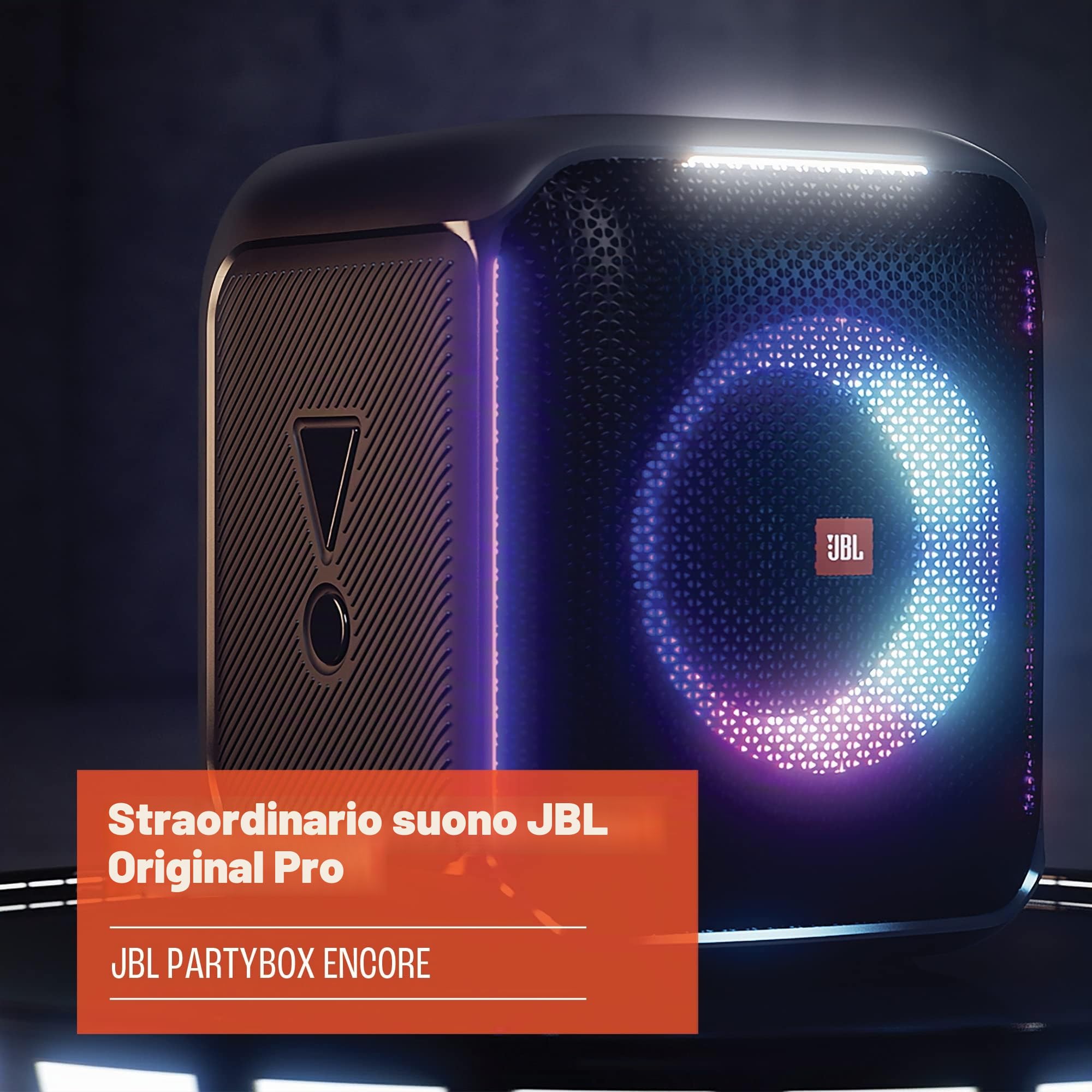 JBL PartyBox Encore Essential Altoparlante portatile per interni ed esterni con luci integrate, Design IPX4 a prova di schizzi, Bassi profondi e 10 ore di riproduzione, Nero