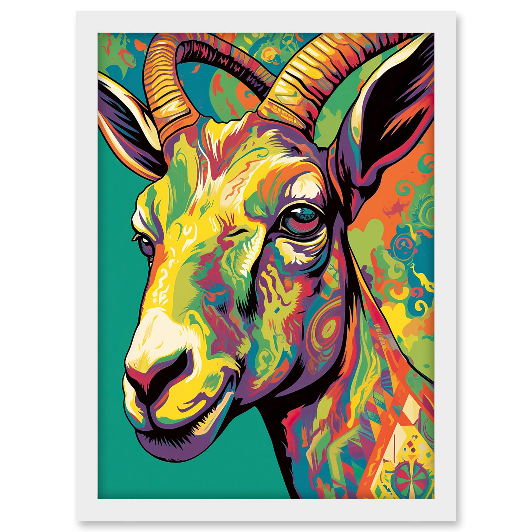 Artery8 The Trippy Goat Psychedelic Portrait Vibrant Colourful Patterns Modern Pop Art Artwork Framed A3 Wall Art Print