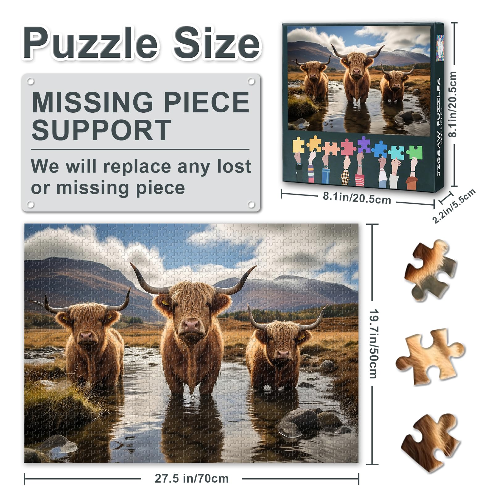 Scottish Highland Cattle Jigsaw Puzzle 1000 Pieces for Adults Animal Landscape Puzzle Three Shaggy Cows Mountain Scenery Countryside Farm Scene Relaxing Challenging Activity 27.5x19.7 Inch - Image 3