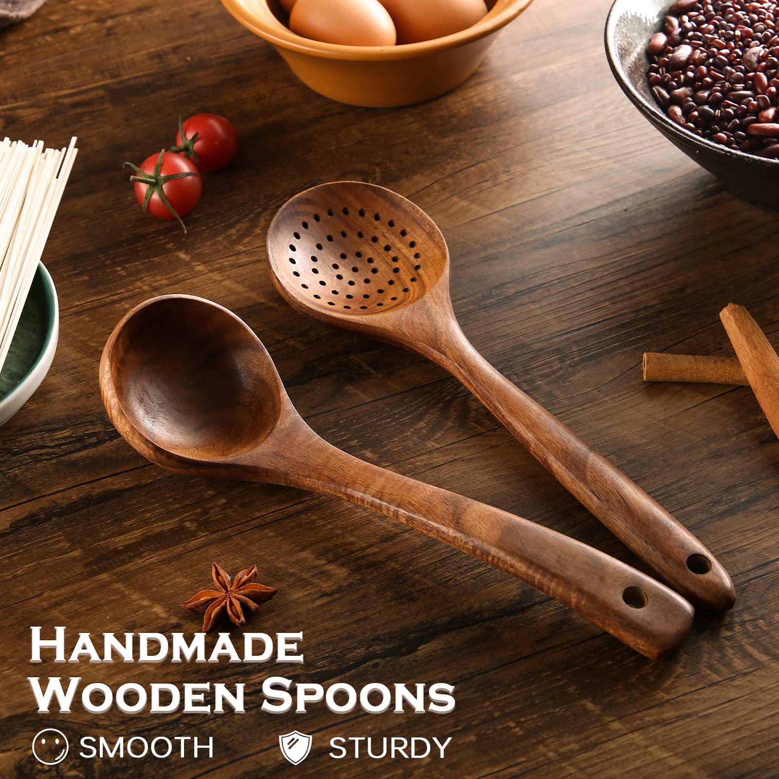 Cucharas de madera para cocinar, juego de 7 utensilios de madera de teca, cuchara de espátula de madera resistente al calor para cocinar, agarre cómodo, utensilios de cocina de madera antiadherentes