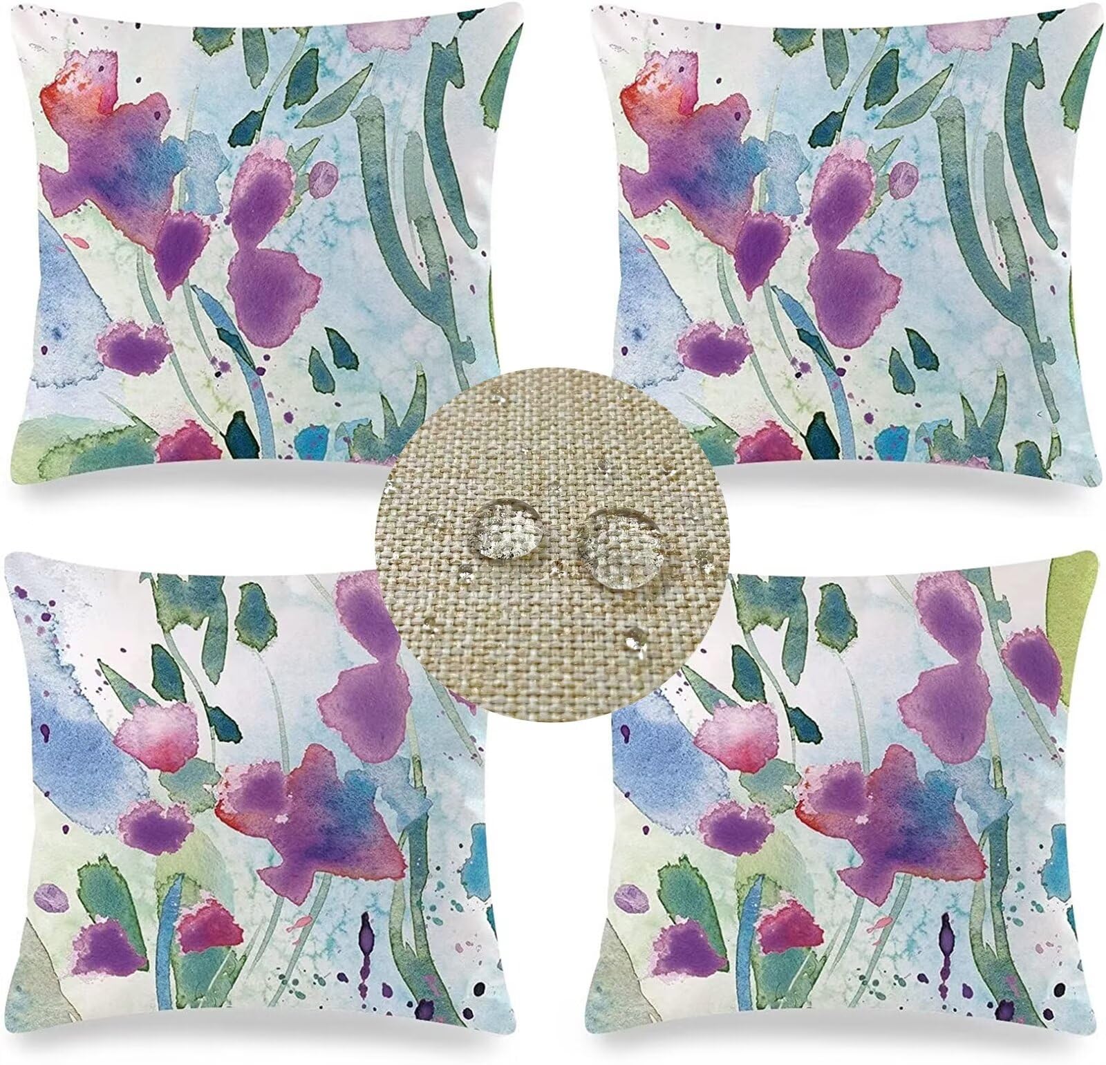 Impermeable Fundas de Cojín 60x60cm, Juego de 4 Exterior Cuadrado Fundas de Cojines Morado Modernas Flor abstracta Doble cara Lino Decorativa Cojines Sofa para Sala Cama Coche Decor para Hogar H-2661