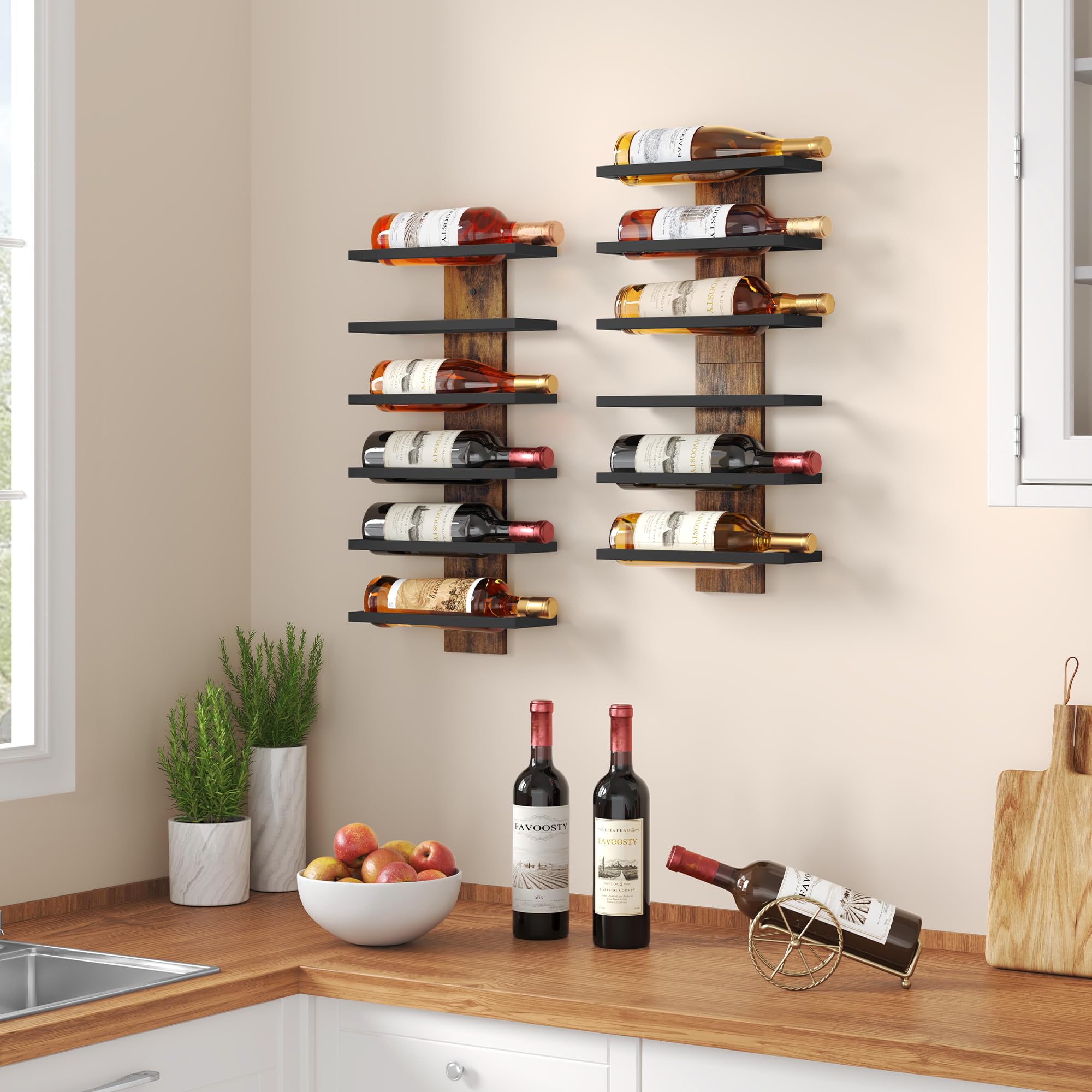 FAVOOSTY Étagère à vin Murale, Porte-Bouteilles, étagère à Bouteilles à 6 Niveaux, en métal, étagère à vin pour Salle à Manger, Chambre à Coucher, Cave à vin-Noire