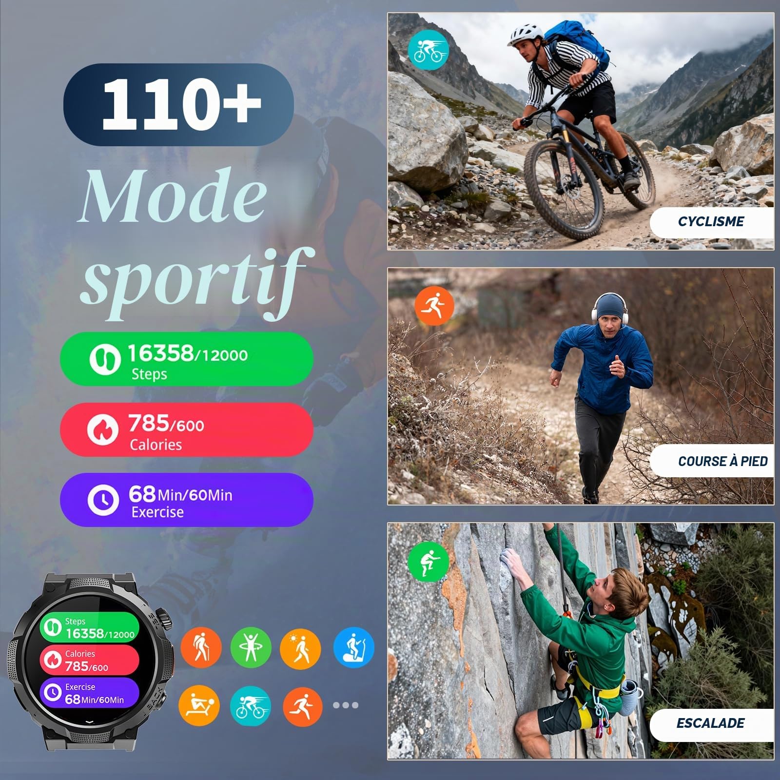 Soudorv Montre Connectée Homme, Militaire Smartwatch avec LED Lampe, Noir | 1000mAh, 1.53" HD avec Appel Bluetooth, Etanche IP68, Fréquence Cardiaque, Sommeil, 110+ Sportifs, Montre pour Android iOS