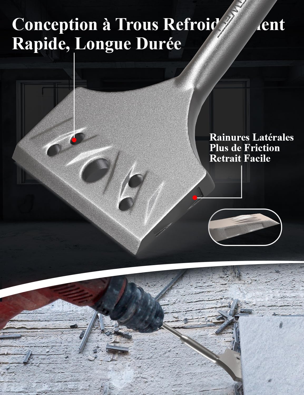 Burin SDS Plus Coudé, 194 x 78 mm, Burin Carrelage de Qualité Industrielle 42CrMo, Burin Plat pour Enlever Carrelage et Colle, Design Innovant à Trous et Rainures de Refroidissement