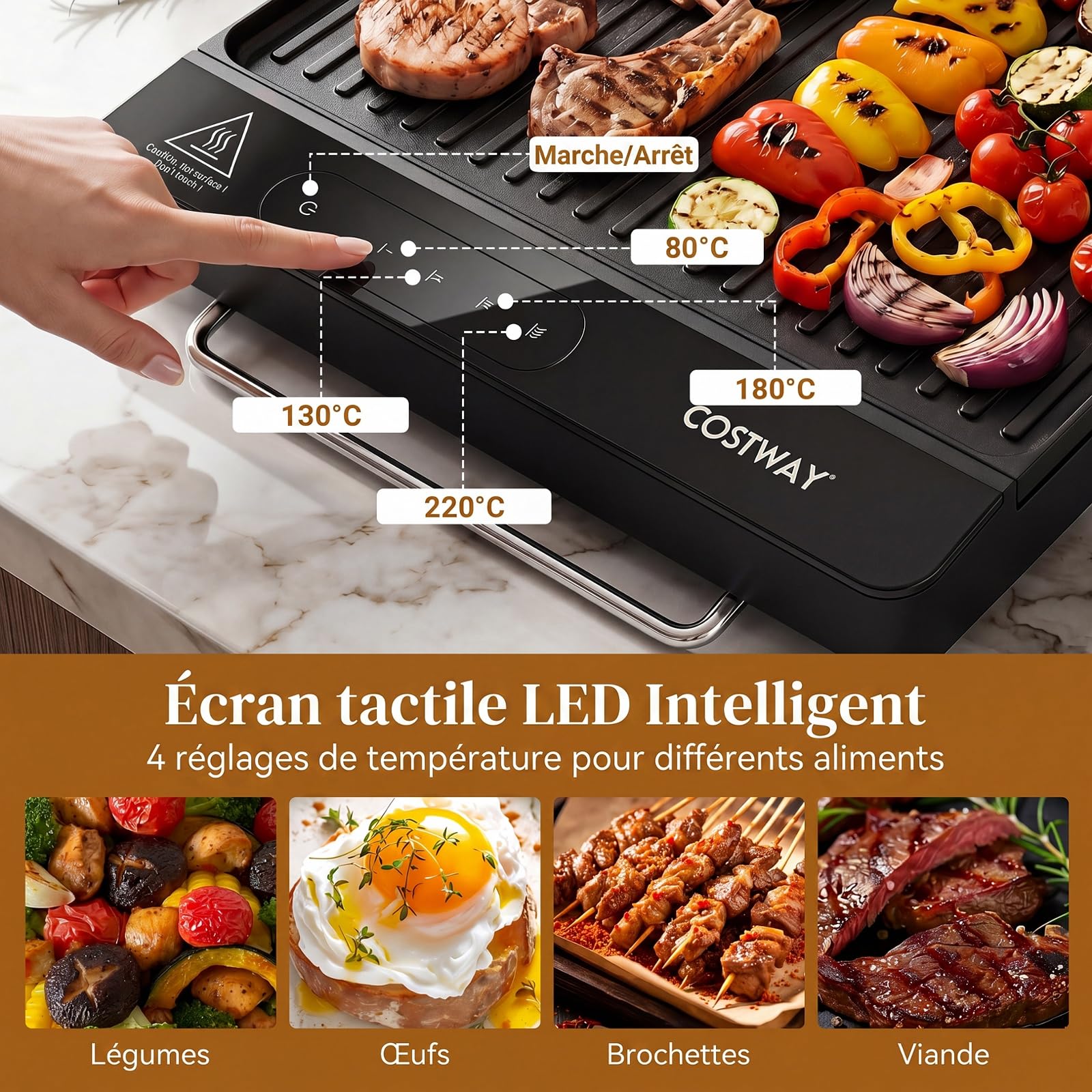 COSTWAY Plancha Gril Électrique 1300W, Plaque Antiadhérente avec Double Surface, Contrôle Tactile, Poignées, Pieds Pliables, Lavable Lave-vaisselle, Protection Surchauffe pour Voyage, Pique Nique