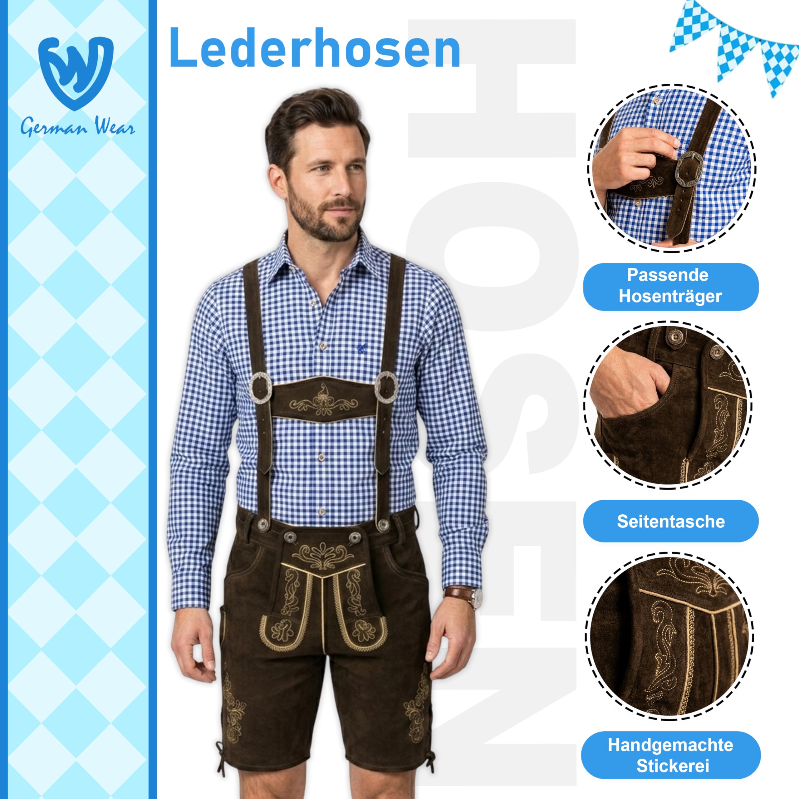 German Wear 5-teiliges Herren Trachtenset Komplett – Premium Lederhose aus Nappaleder Wildleder mit Hosenträgern Haferlschuhe Trachtenhemd Blau Trachtensocken