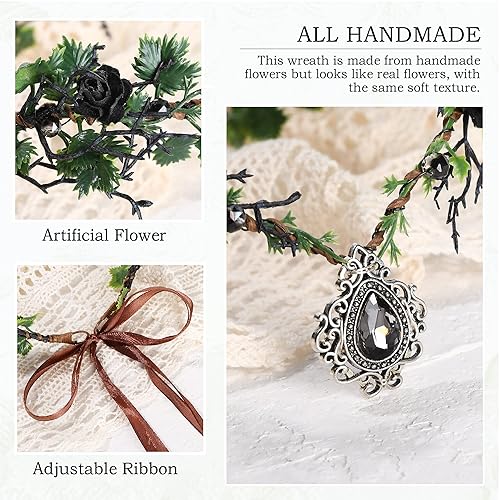 Miniatura 7 de MOSTORY Diadema negra de flores de hada con corona de elfo de cristal, para mujeres y niñas, diseño renacentista de Halloween, cosplay, fiesta,