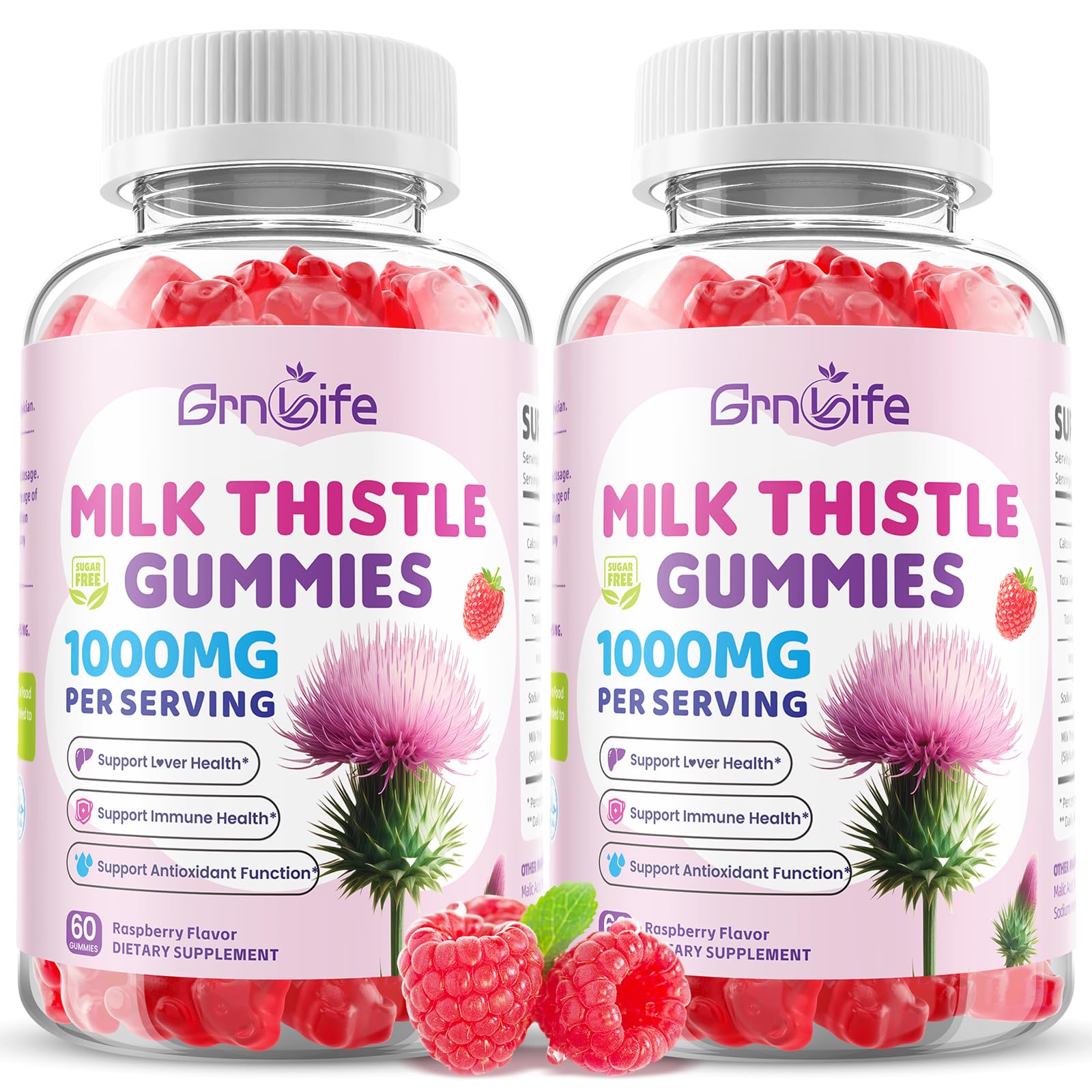 2 Pack Sugar-Free Milk Thistle Gummies for Liver & Antioxidant Support, Milk Thistle Supplement for Adults, Raspberry Flavor, 120 Count 120 Count (Pack of 1)
