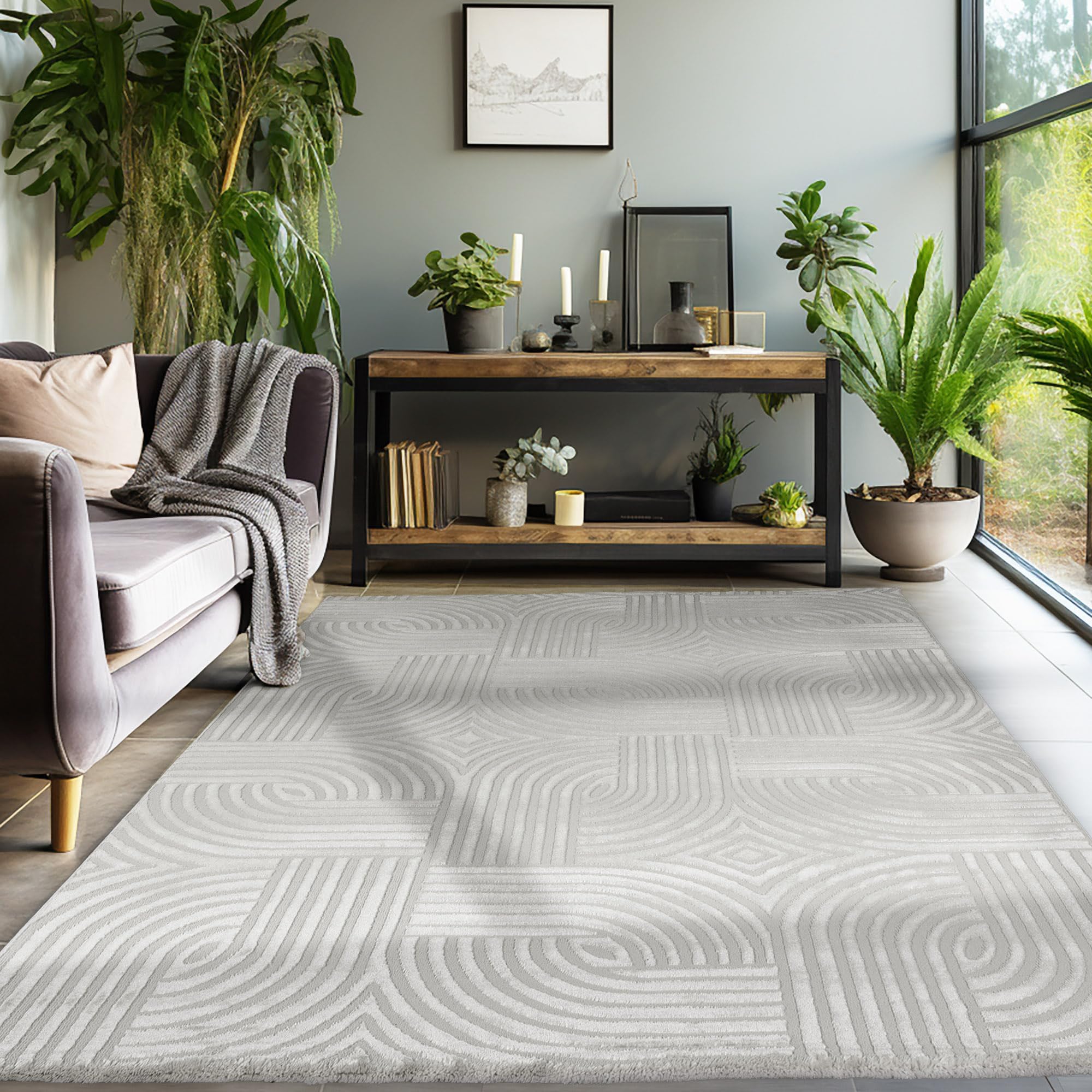SIMPEX Tapis Salon 140x200 cm Gris Moderne Scandinave Boho Uni Effet 3D Doux Lavable Facile d'entretien Antidérapant pour Chambre Salle à Manger