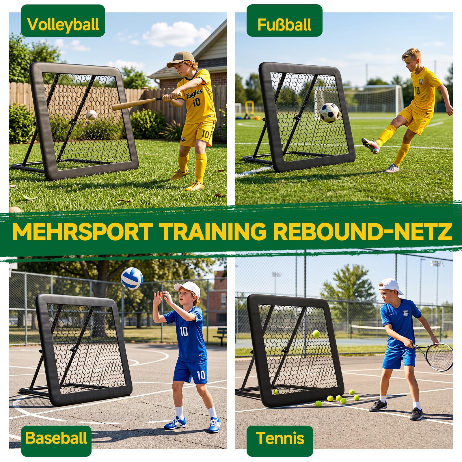 SUNYRISY Rebounder für Fußball, Fussball Rebounder mit Tornetz und Schutzrand, Fussball Trainingszubehör, Trainingsset für Handball und Volleyball, Stufenlos Verstellbar