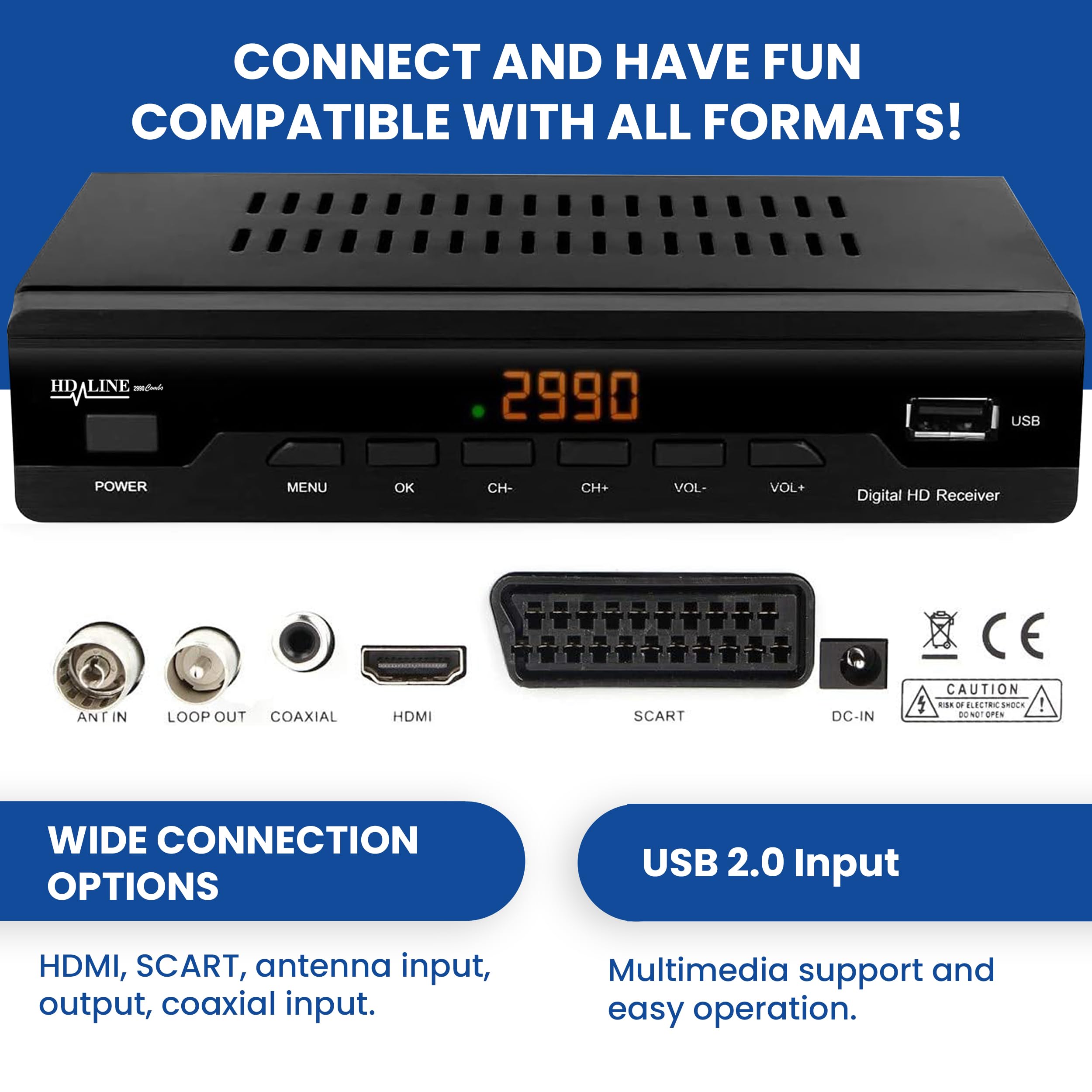 Hd-line EC 2990 Décodeur TNT - Full HD 1080p - DVBT-2 - Tuner TNT - Decodeur TV (HDTV,SCART,USB) HD pour TV
