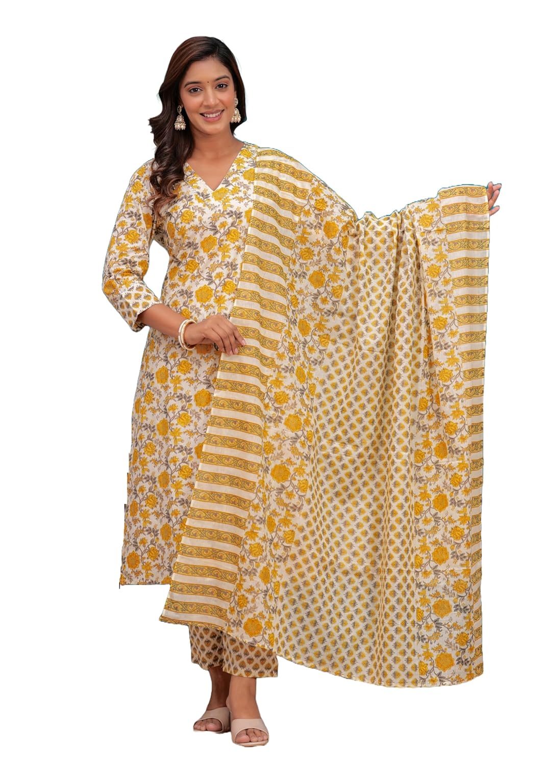 MEERA FAB Women’s Cotton Blend Straight Printed Kurta with Palazzo & Dupatta MEERA FAB Women’s Cotton Blend Straight Printed Kurta with Palazzo & Dupatta