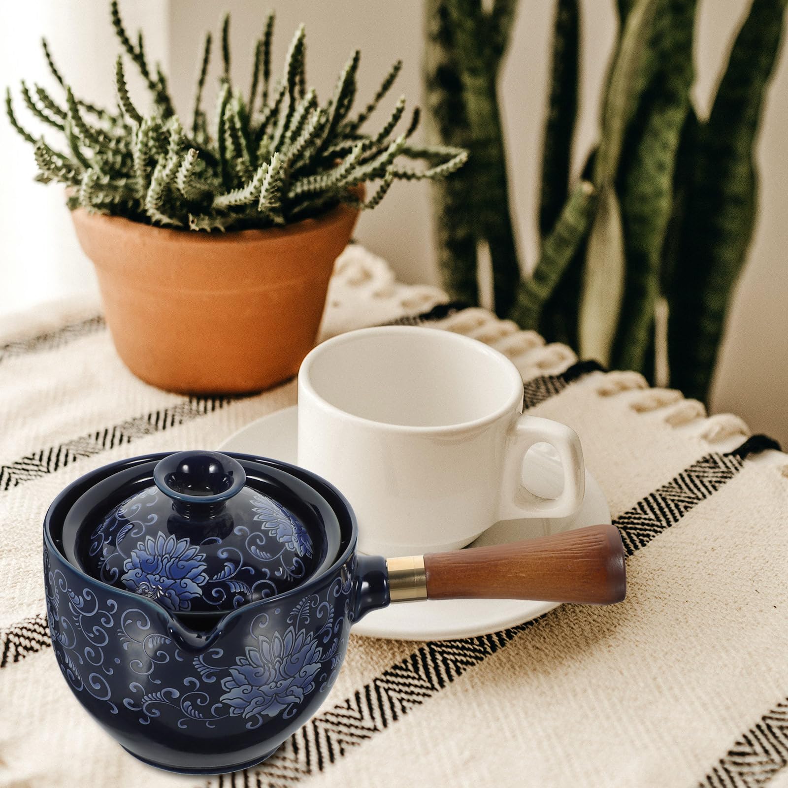Tetera Giratoria de Cerámica y Madera Asa Lateral Tetera Tradicional para Preparar Té Suelto Portátil para Hogar y Oficina para Infusiones de Té