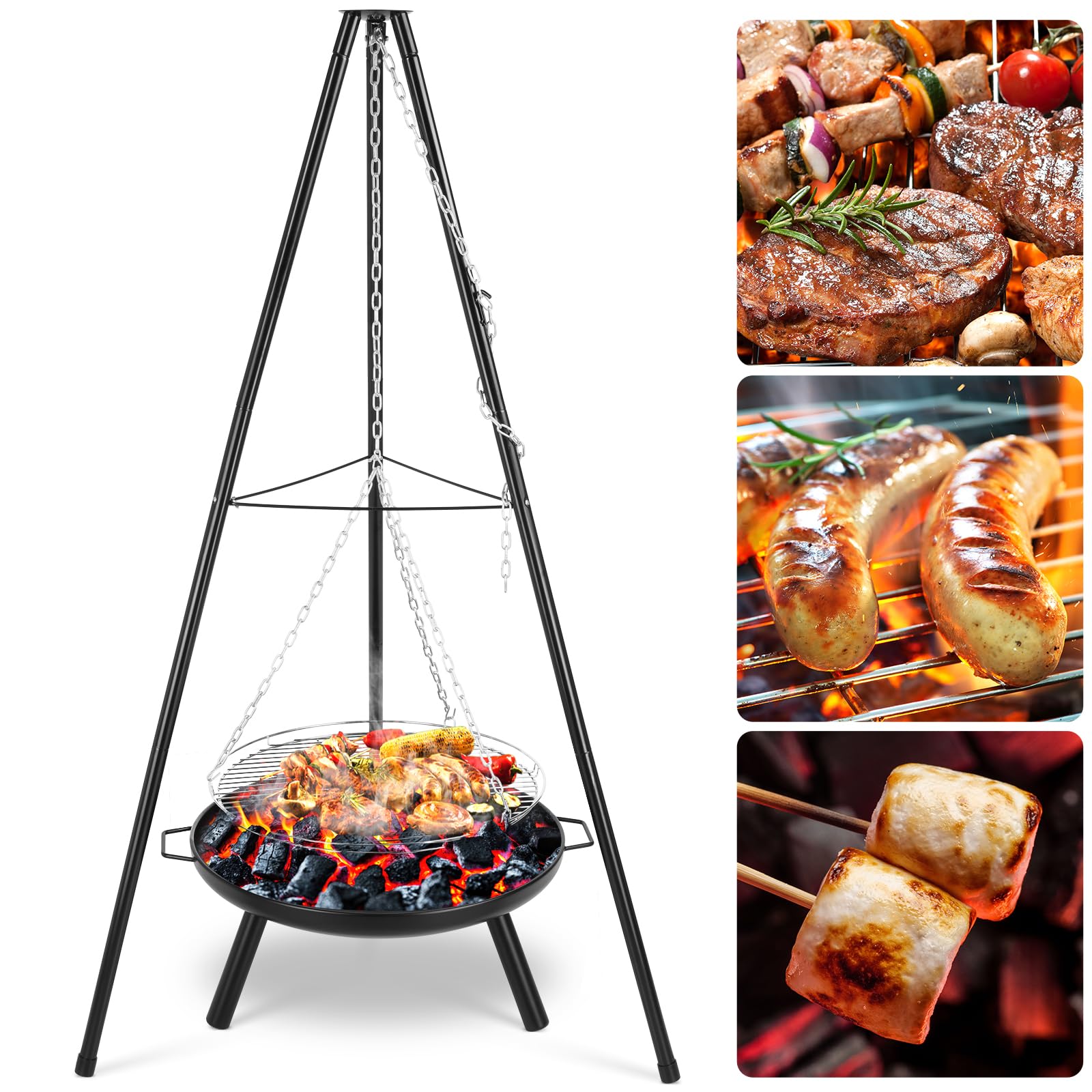 TLSUNNY Barbecue Pivotant avec Brasero, Barbecue Trépied avec Chaîne, Barbecue Charbon de Bois, Réglable en Hauteur de 200 cm, Ø68 cm Brasero avec Poignée, Foyer Extérieur pour Griller et Chauffer