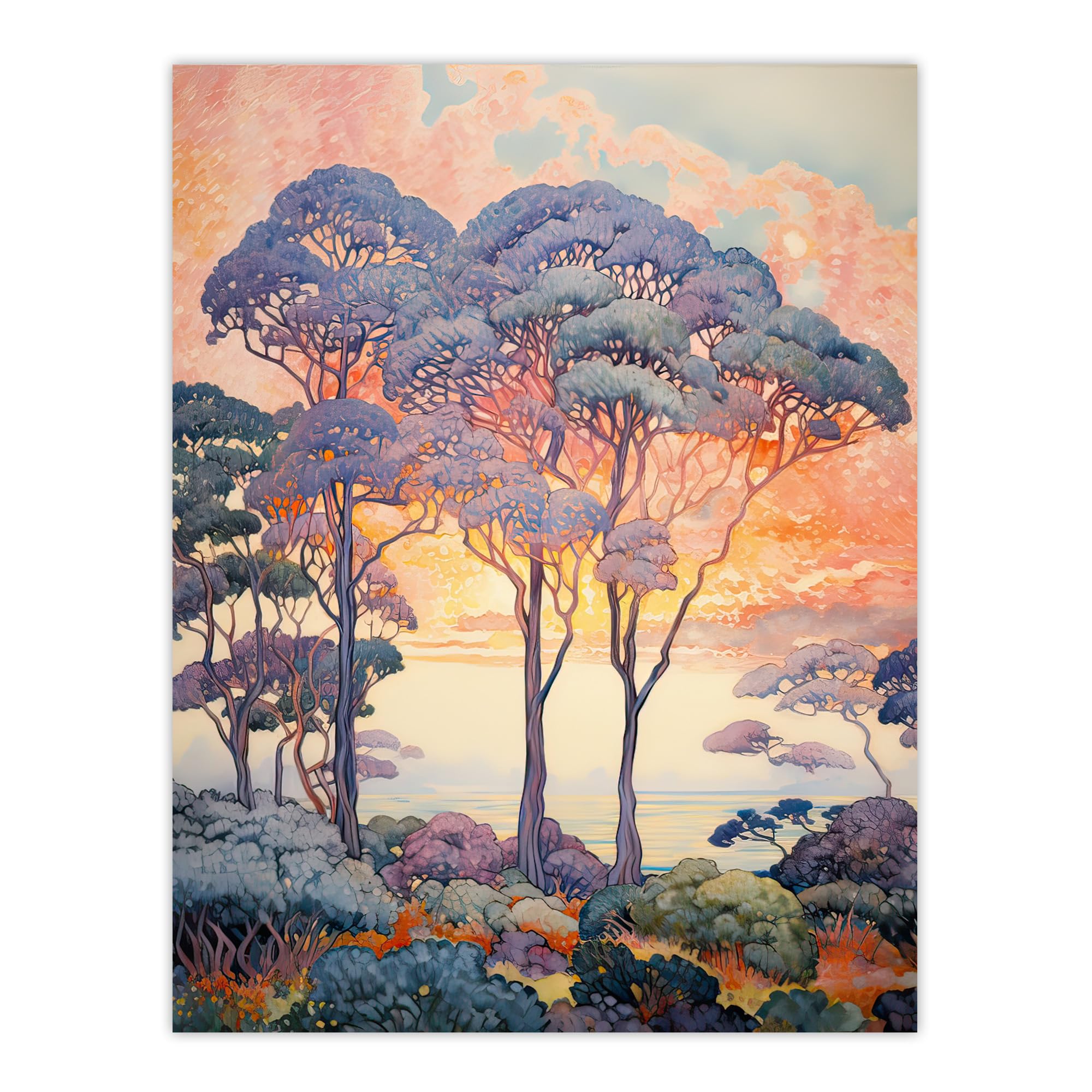 Artery8 Coastal Sunrise Behind Trees Orange Blue Purple Large Wall Art Poster Print Thick Paper 18X24 Inch