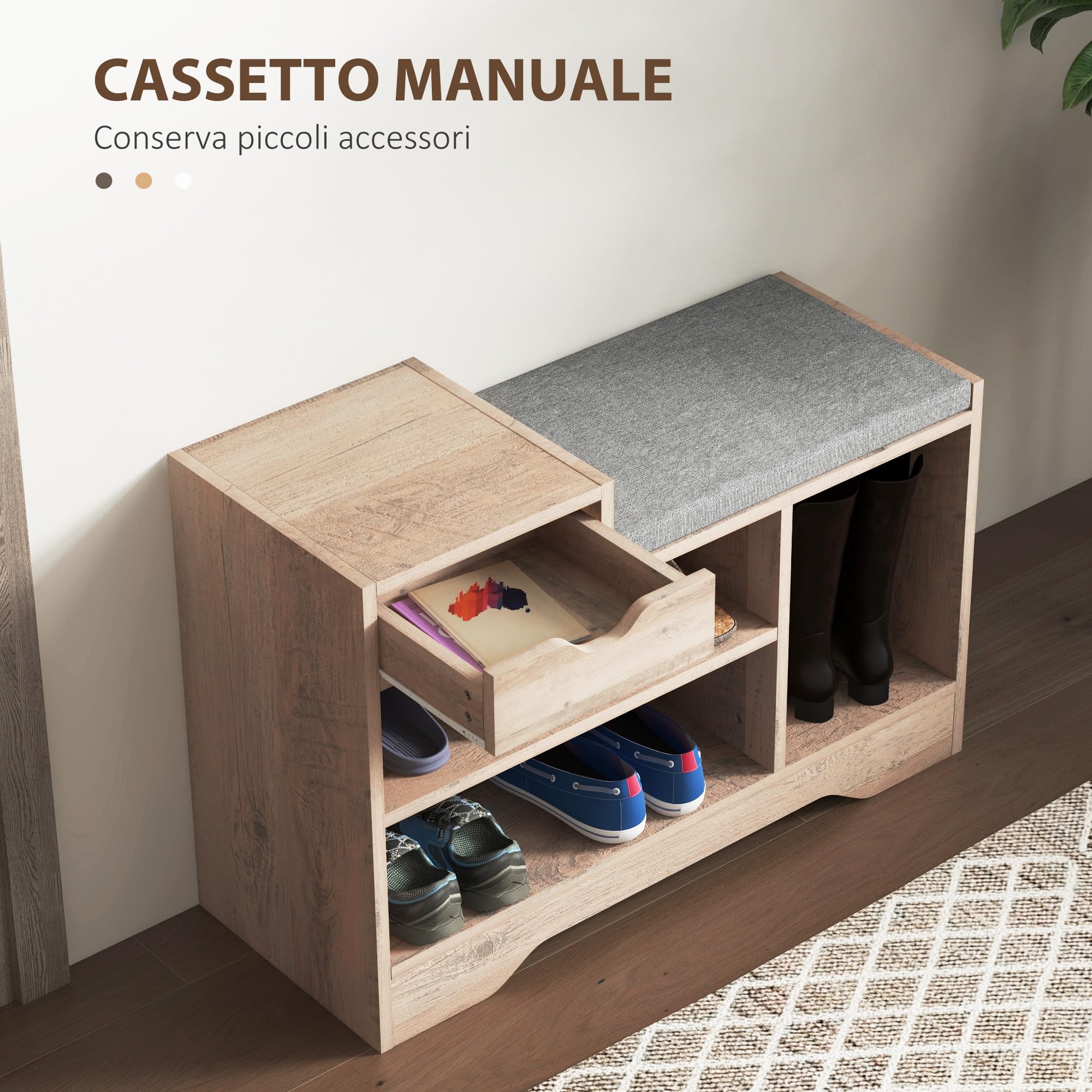 HOMCOM Panca Scarpiera Moderna con 3 Ripiani Aperti, 76.5x30x52 cm, Grigio | Cassetti, Scarpiera Bassa, Truciolato, Poliestere e Spugna