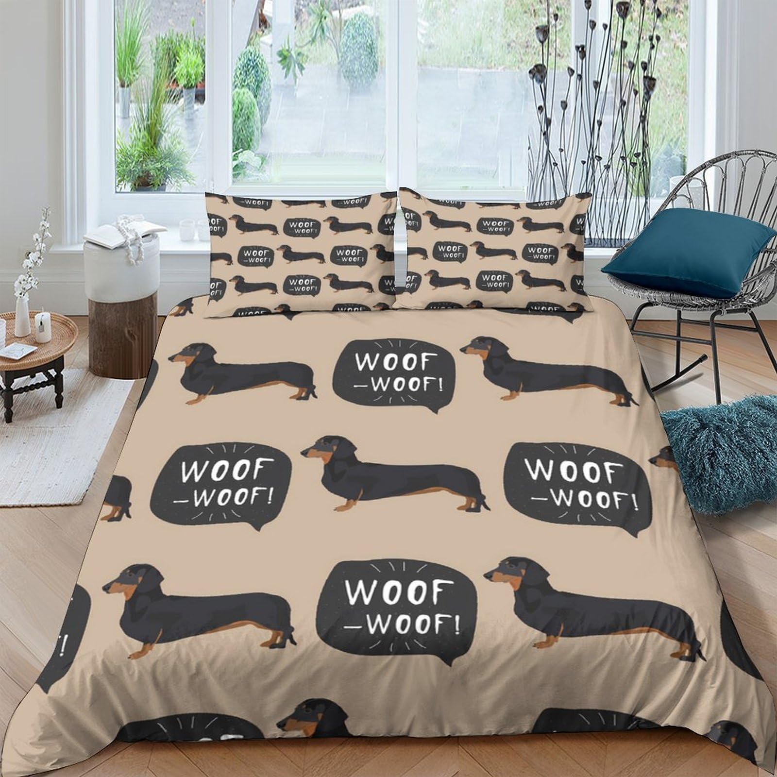 GPLZQXKJNH 3D Printed Dachshund Dog Duvet Cover Set Microfiber Beige Animal Pattern Bedding Set with 2 Pillowcases for Bedroom, Dorm, Rental Single（135x200cm）