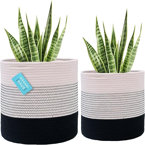 OrganiHaus Cesta de maceta de árbol en blanco y negro  Maceta de 10 y 12 pulgadas  Cestas de cuerda para plantas de interior  Cesta tejida para