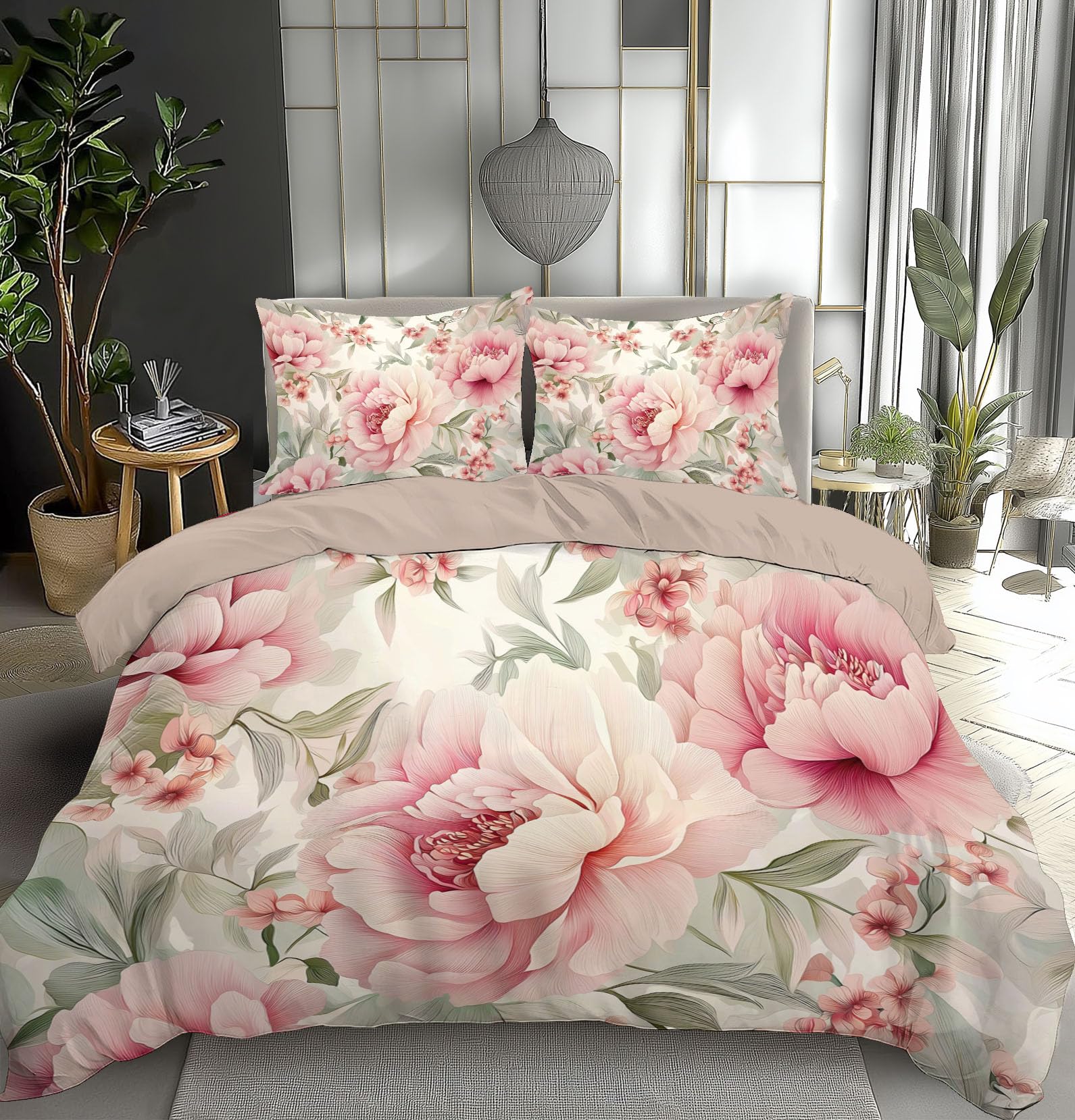Parure de lit pivoine 240x260 cm housse couette 2 personnes taies d'oreiller rose clair