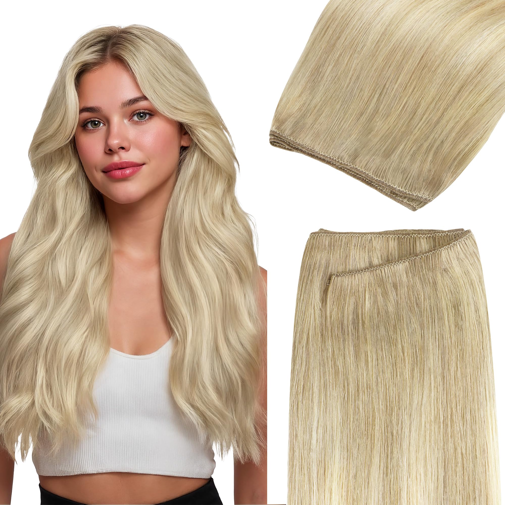 GOO GOO Sew in Hair Extensions Real Human Hair, Weft Hair Extensions Human Hair, 18ET90A Natural Blonde Balayage 20inch 100g, Weft Bundles Straight