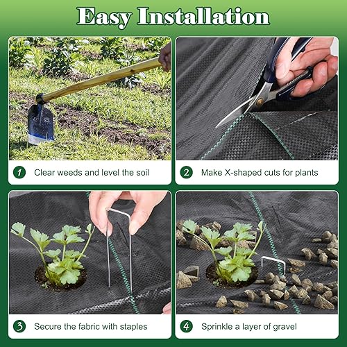 Miniatura 6 de FEED GARDEN Tela de barrera de malezas de 4 x 100 pies, tela geotextil resistente de 3.2 onzas para jardinería, con 30 estacas en forma de U